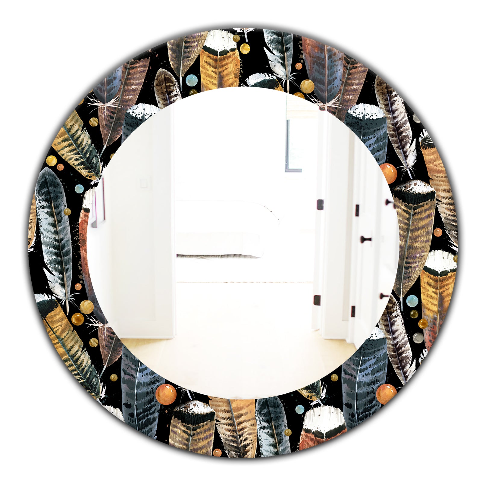 Feathers 1 - Bohemian and Eclectic Mirror - Frameless Oval or Round Wall Mirror