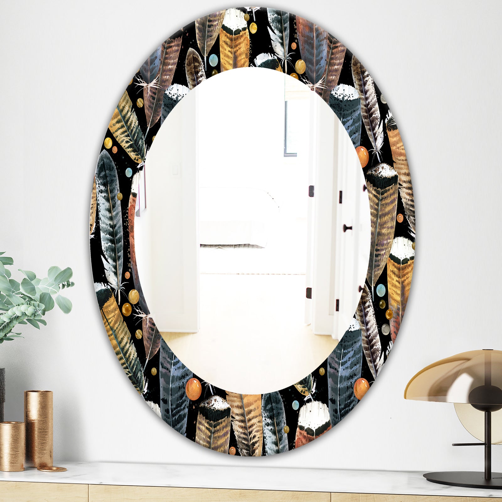 Feathers 1 - Bohemian and Eclectic Mirror - Frameless Oval or Round Wall Mirror