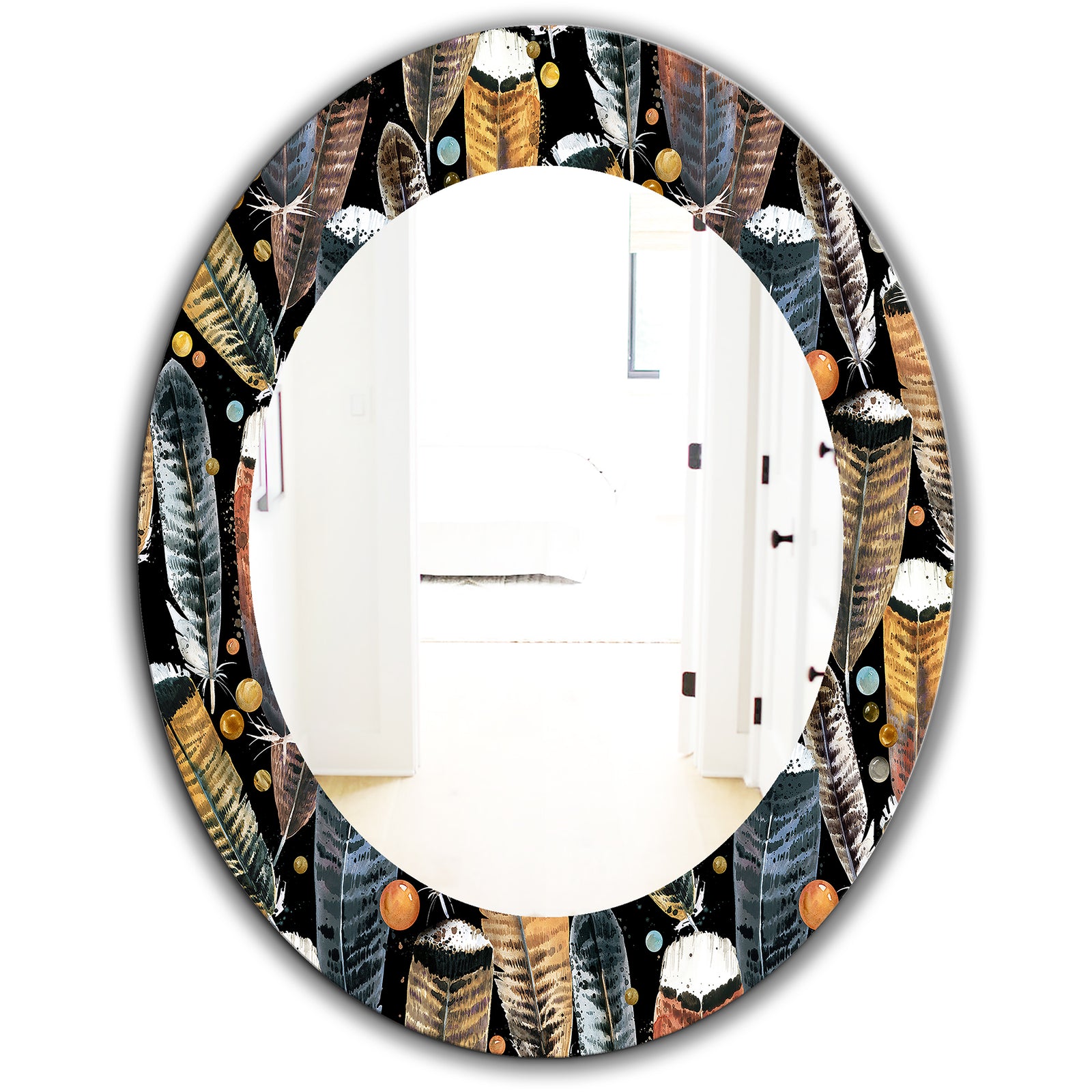 Feathers 1 - Bohemian and Eclectic Mirror - Frameless Oval or Round Wall Mirror