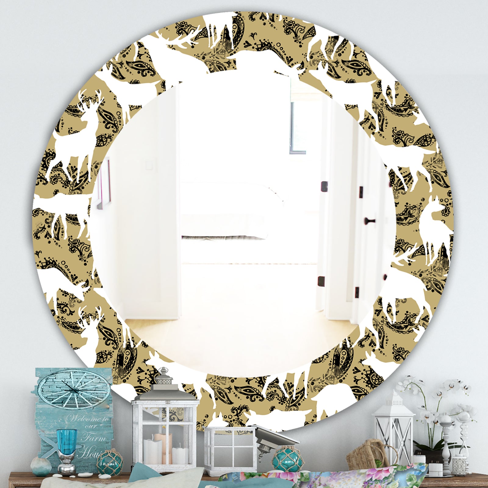 Wild Animals Pattern - Farmhouse Mirror - Frameless Oval or Round Wall Mirror