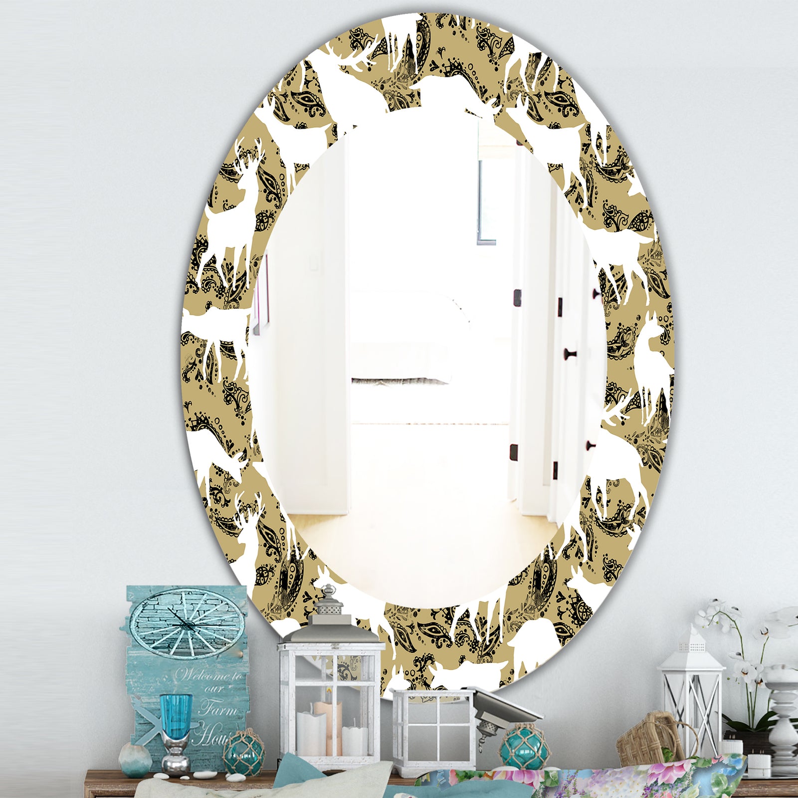 Wild Animals Pattern - Farmhouse Mirror - Frameless Oval or Round Wall Mirror