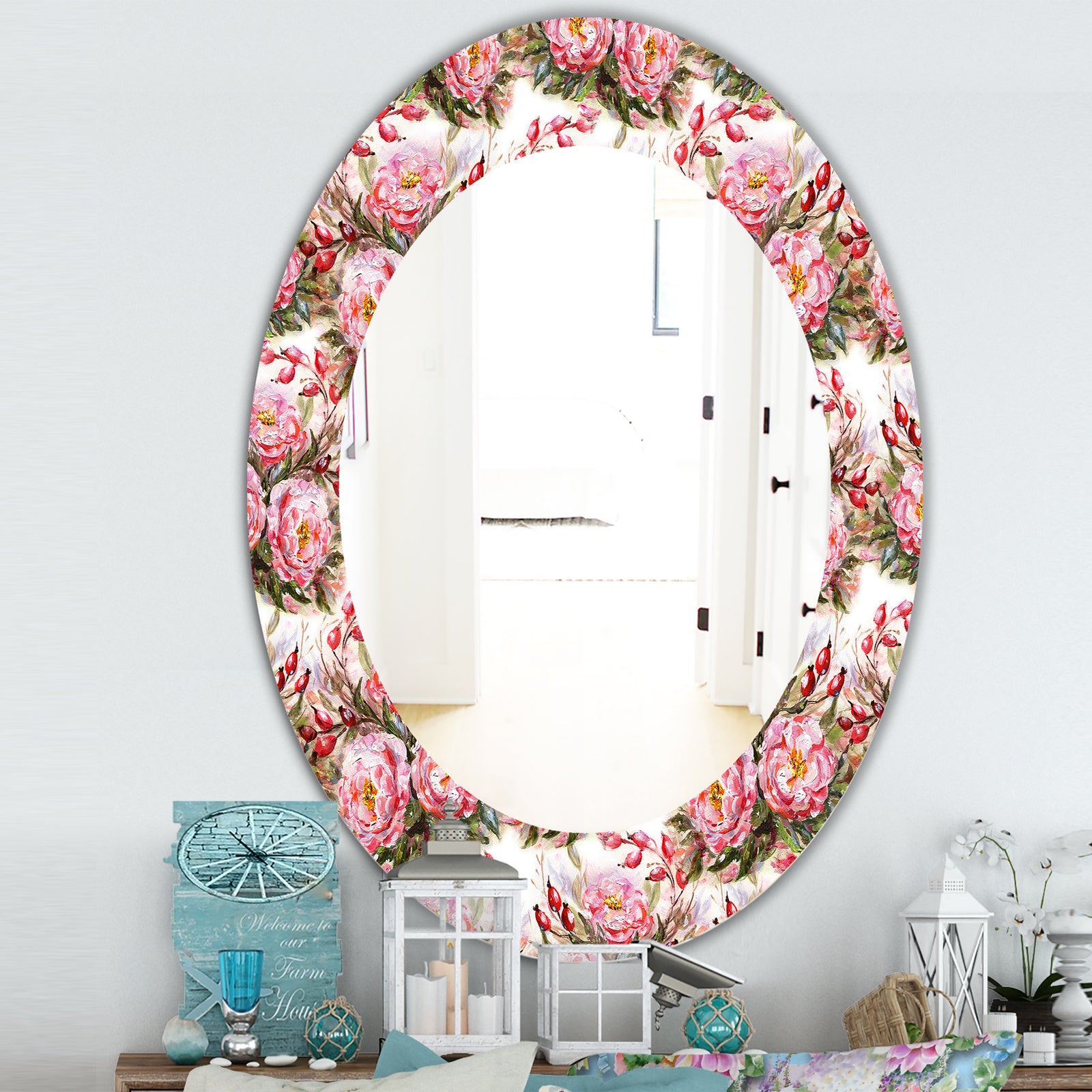 Pink Blossom 1 - Farmhouse Mirror - Frameless Oval or Round Wall Mirror