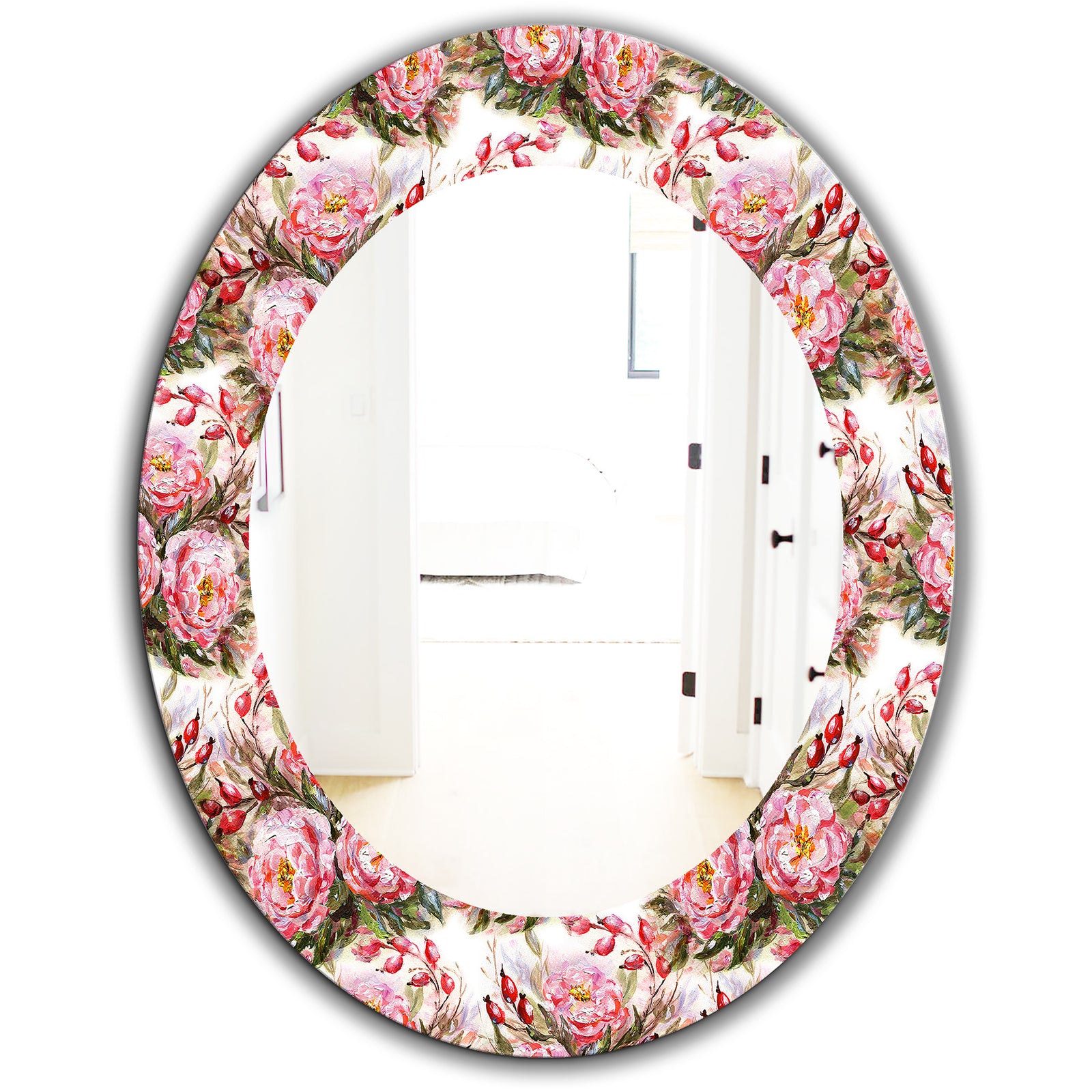 Pink Blossom 1 - Farmhouse Mirror - Frameless Oval or Round Wall Mirror