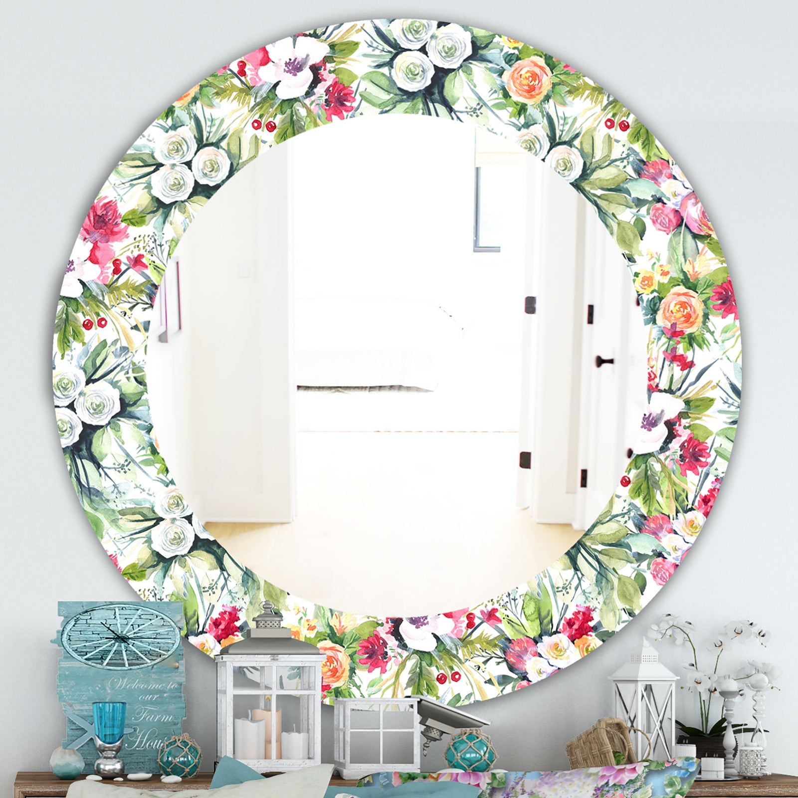 Pink Blossom 2 - Traditional Mirror - Frameless Oval or Round Wall Mirror