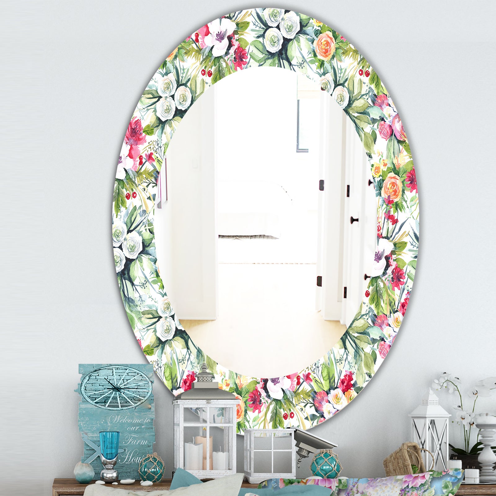 Pink Blossom 2 - Traditional Mirror - Frameless Oval or Round Wall Mirror