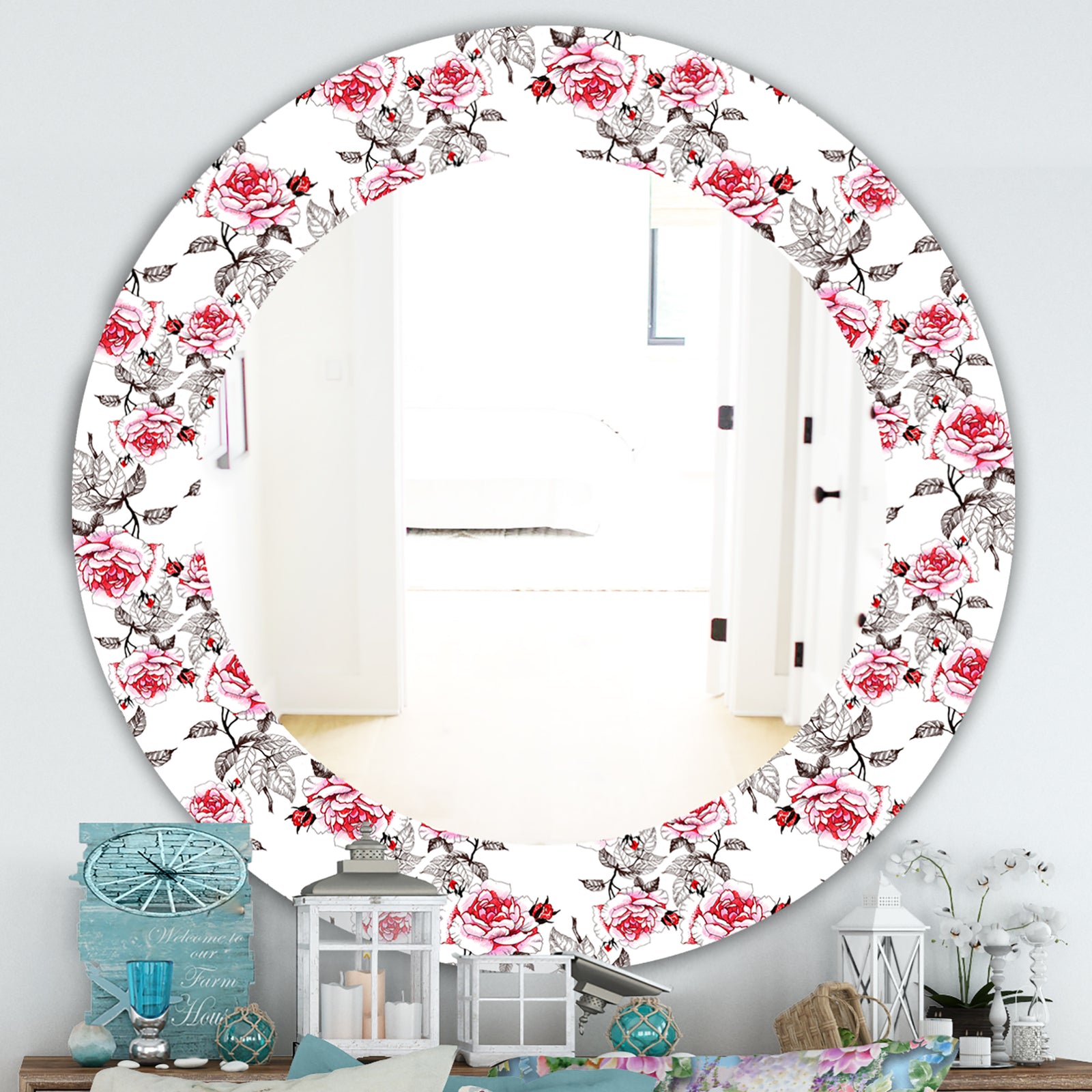 Pink Blossom 3 - Farmhouse Mirror - Oval or Round Wall Mirror