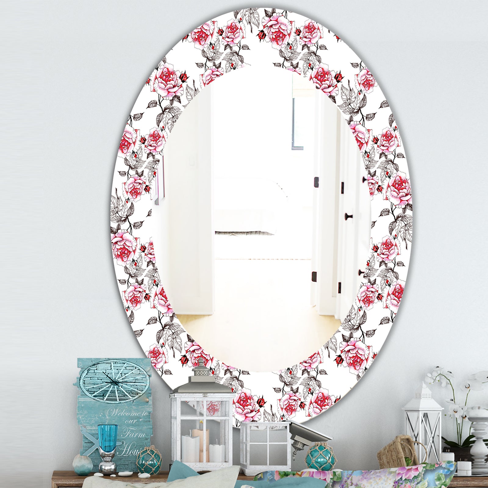 Pink Blossom 3 - Farmhouse Mirror - Oval or Round Wall Mirror