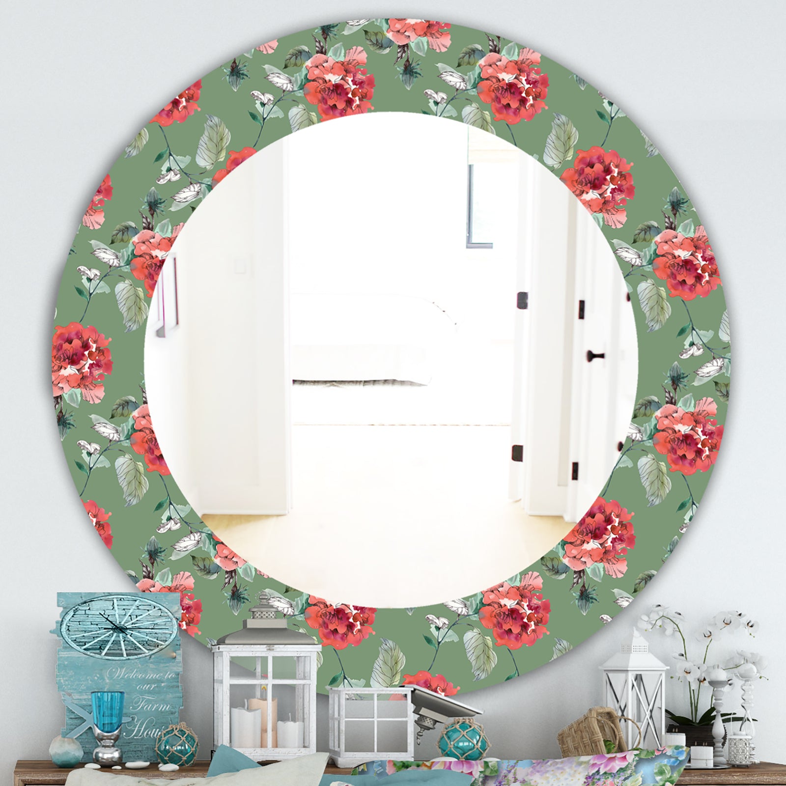 Green Flowers 1 - Traditional Mirror - Frameless Oval or Round Wall Mirror