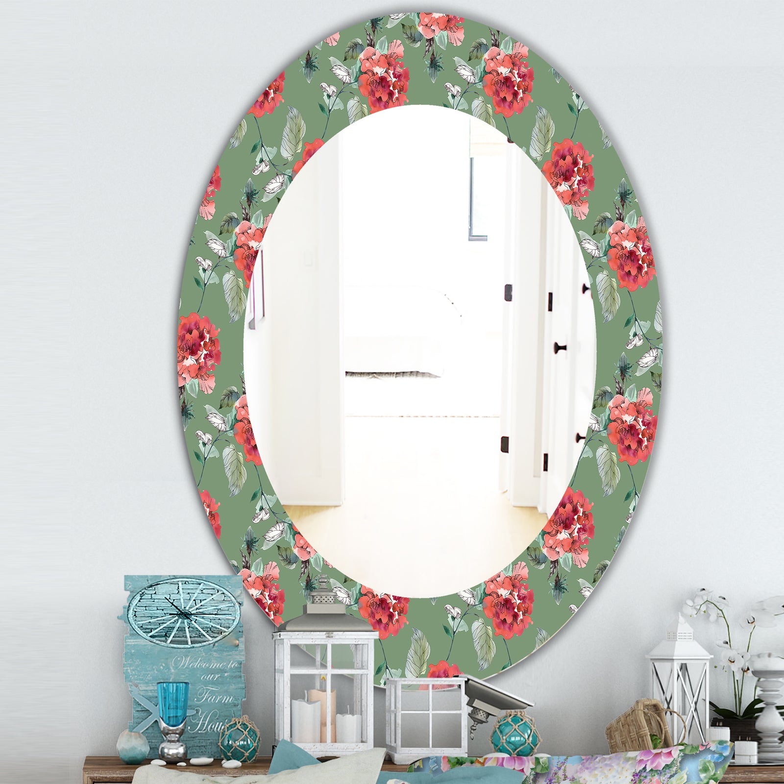 Green Flowers 1 - Traditional Mirror - Frameless Oval or Round Wall Mirror