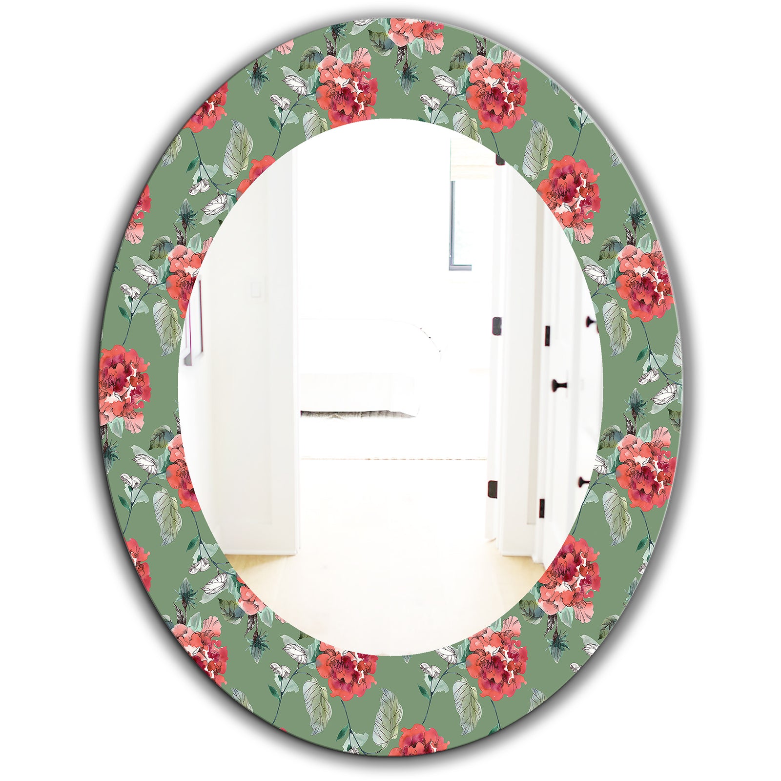 Green Flowers 1 - Traditional Mirror - Frameless Oval or Round Wall Mirror