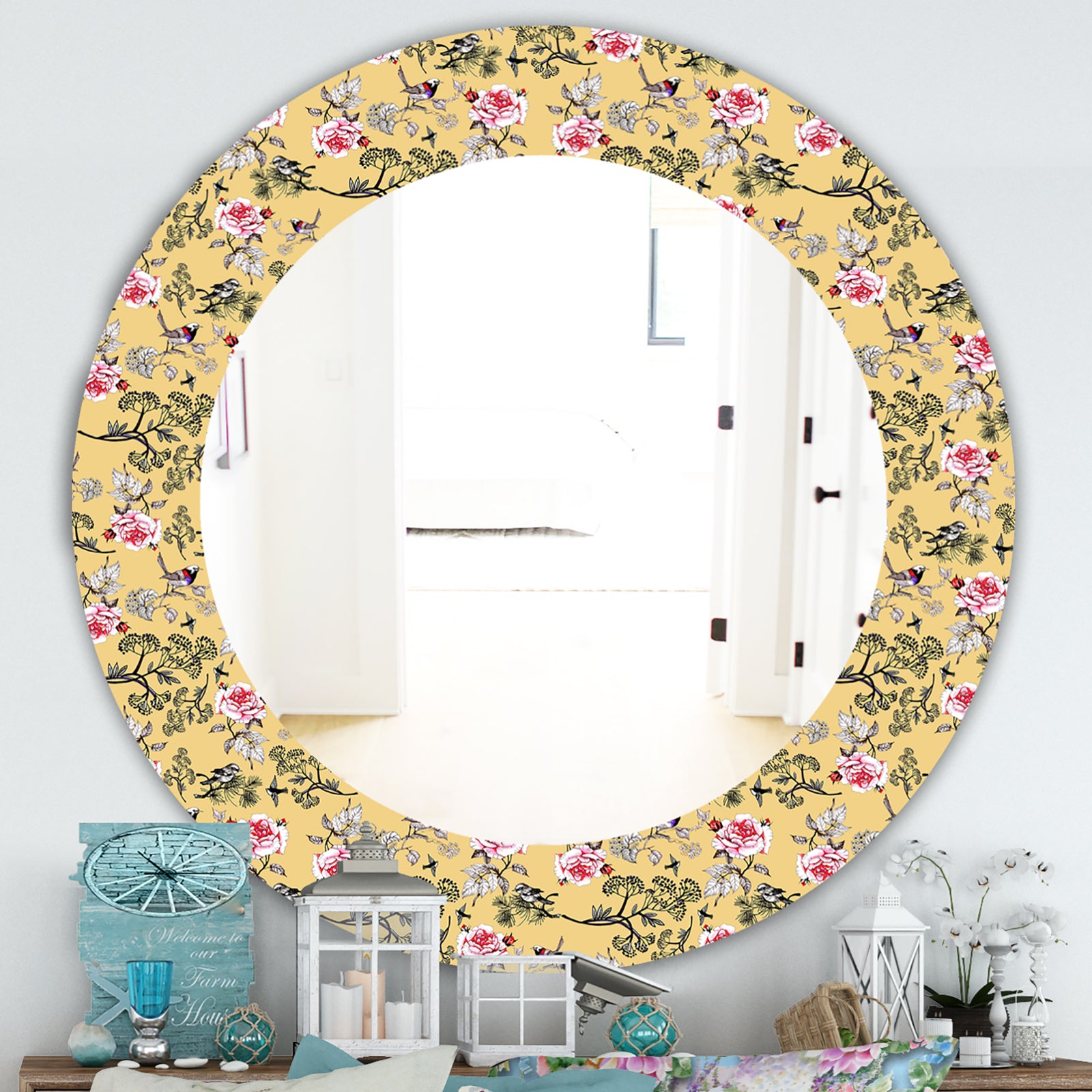 Floral and Birds In Yellow - Traditional Mirror - Oval or Round Wall Mirror