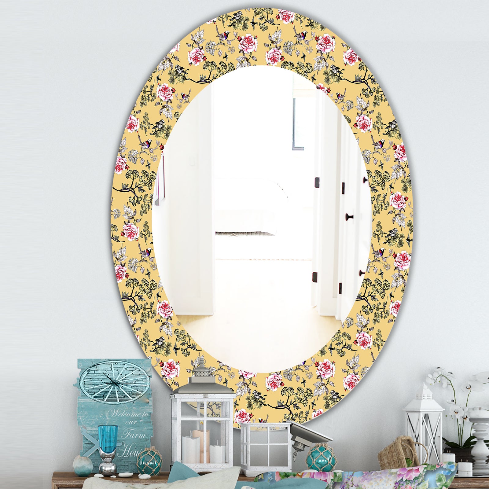 Floral and Birds In Yellow - Traditional Mirror - Oval or Round Wall Mirror