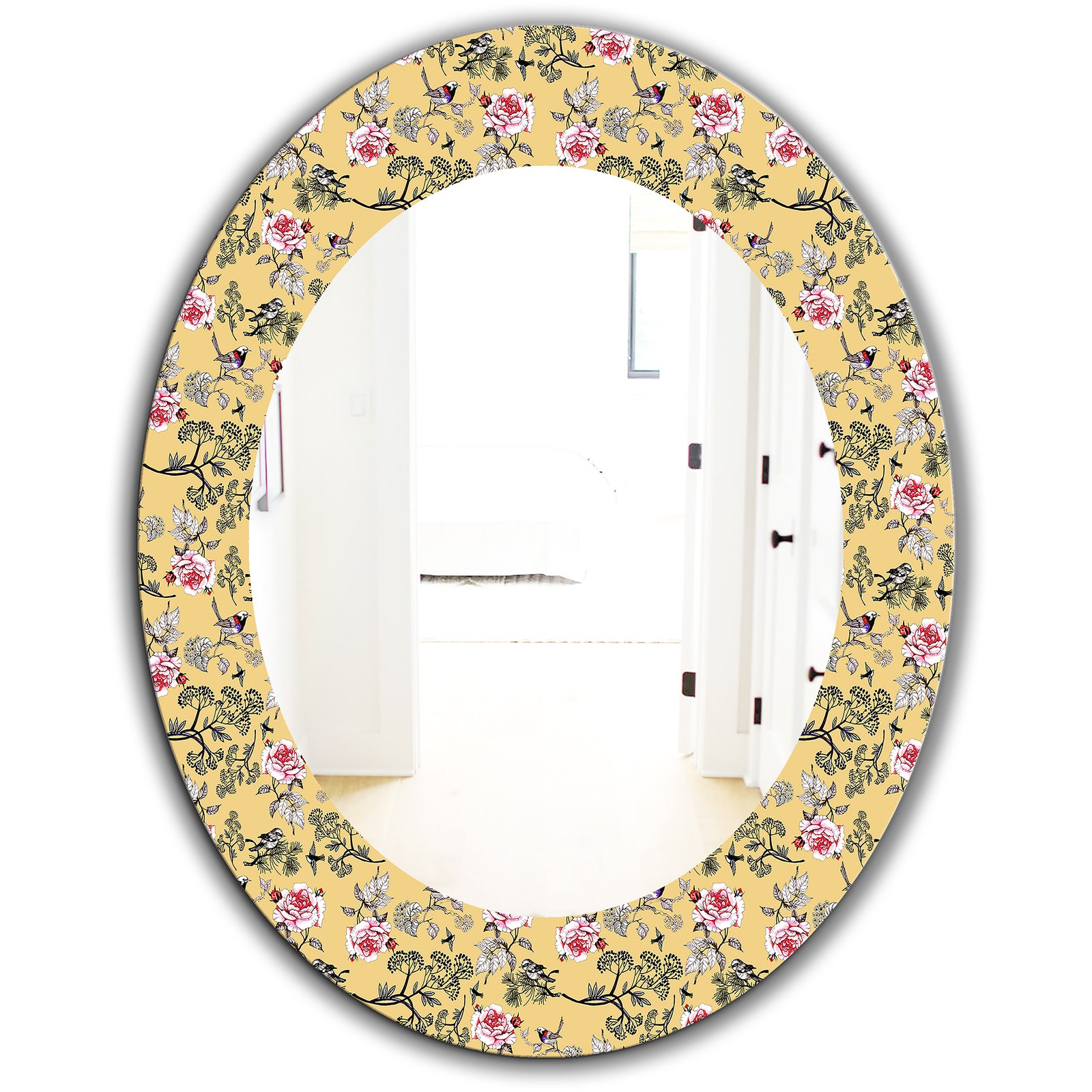 Floral and Birds In Yellow - Traditional Mirror - Oval or Round Wall Mirror