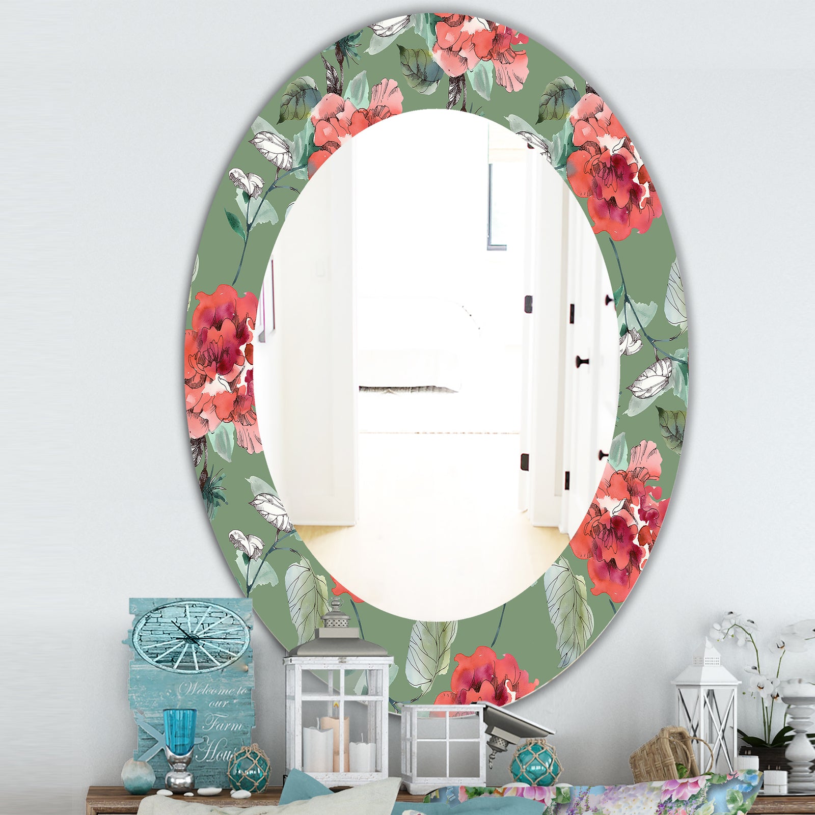 Green Flowers 2 - Traditional Mirror - Oval or Round Wall Mirror