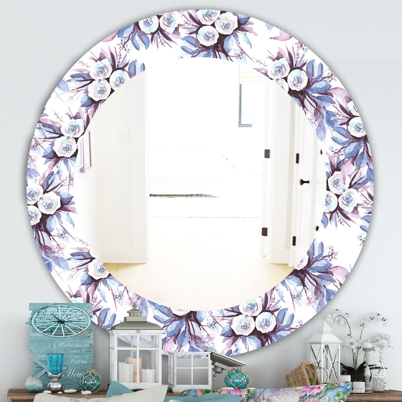 Purple Bloom 1 - Traditional Mirror - Frameless Oval or Round Bathroom Mirror