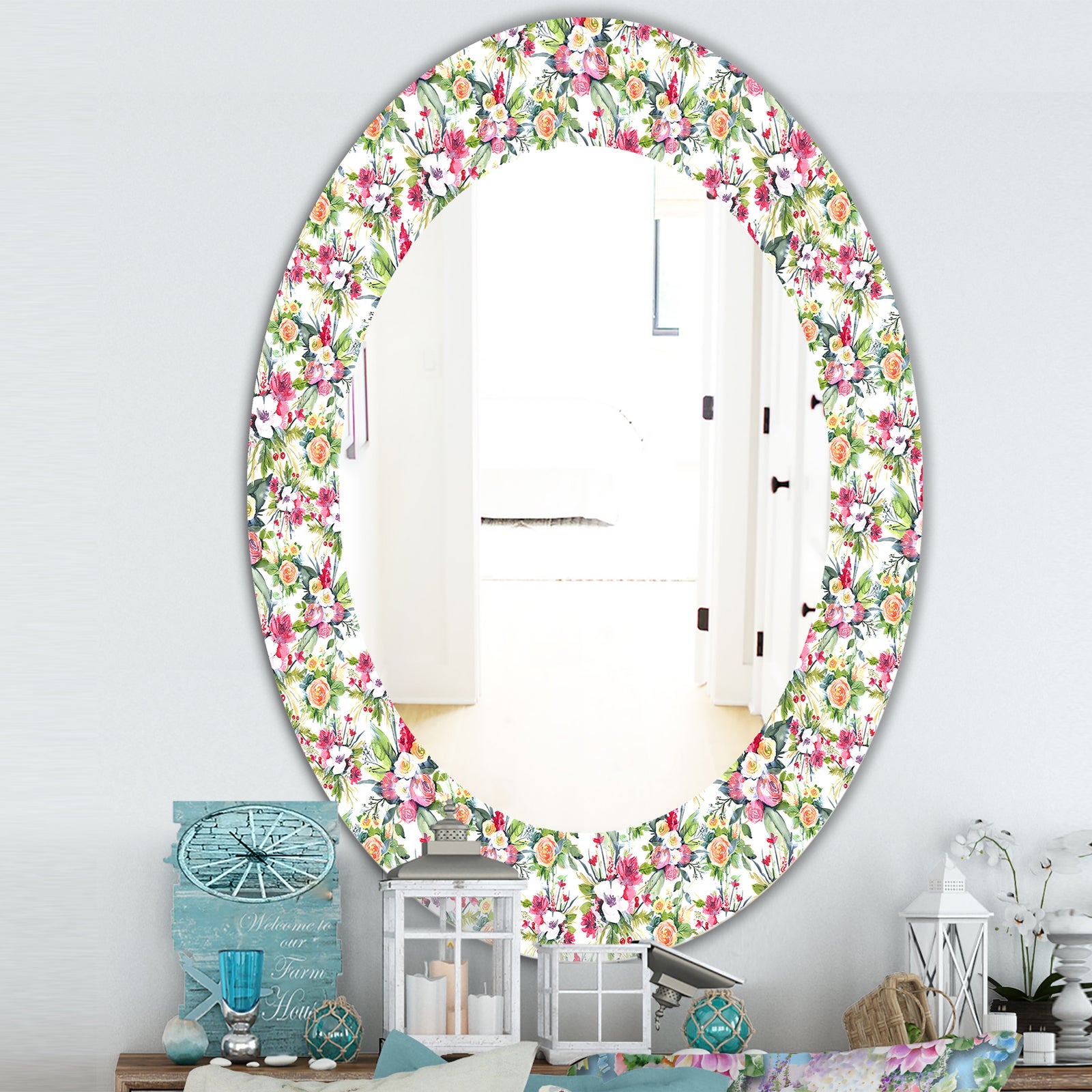 Green Flowers 3 - Traditional Mirror - Oval or Round Wall Mirror