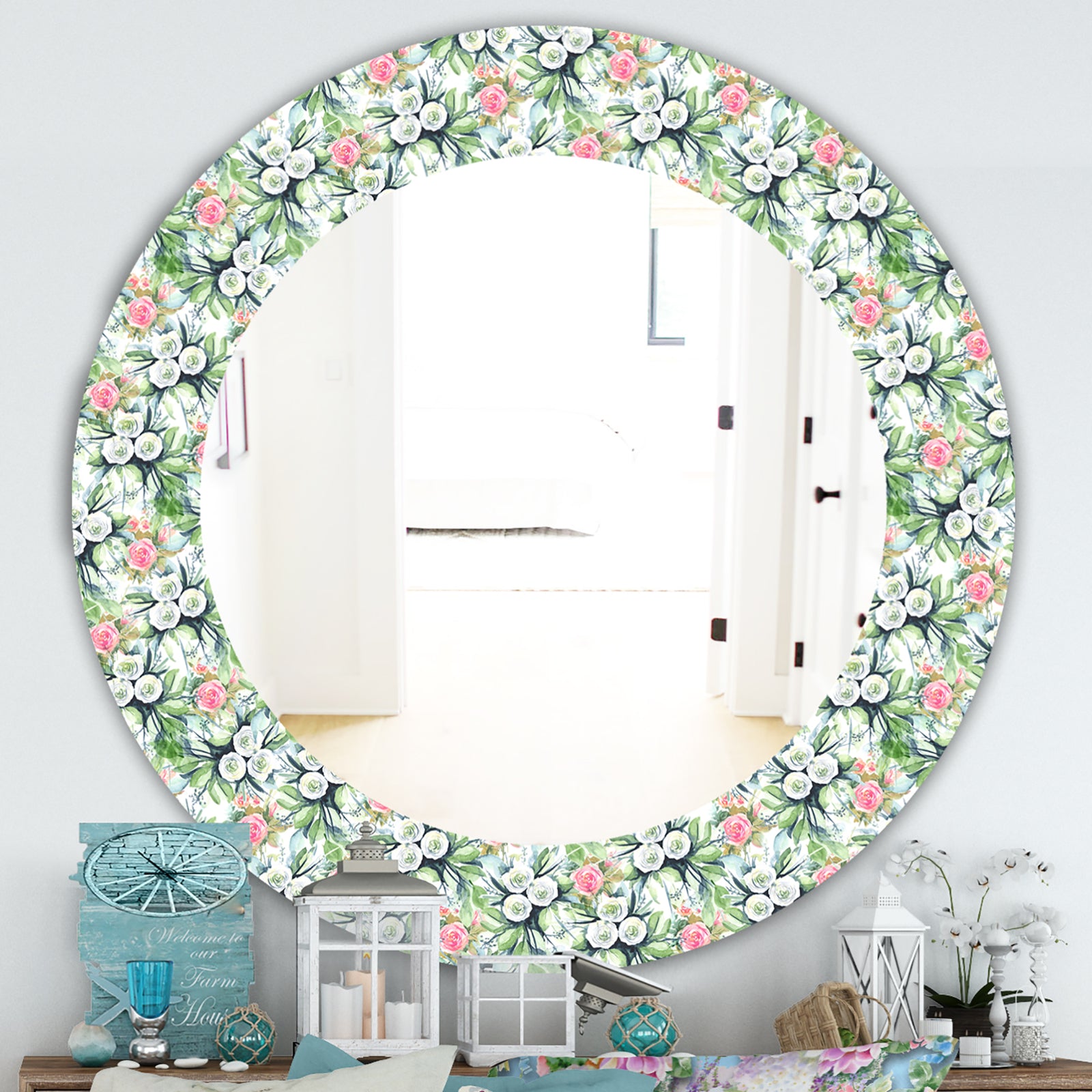 Green Flowers 4 - Traditional Mirror - Oval or Round Wall Mirror