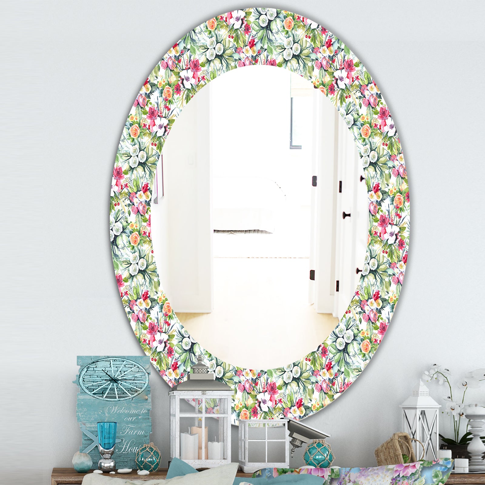 Green Flowers 6 - Traditional Mirror - Frameless Oval or Round Wall Mirror