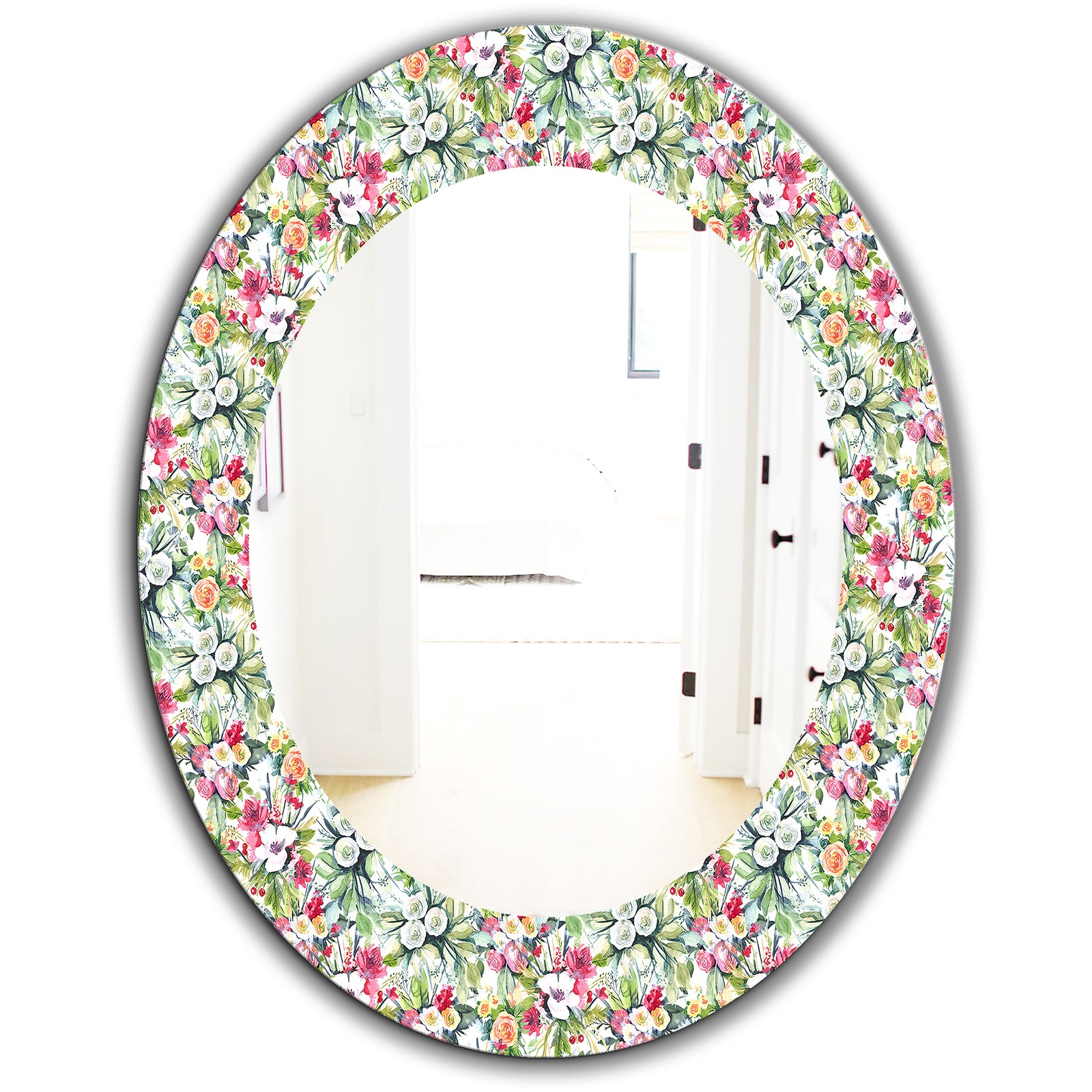 Green Flowers 6 - Traditional Mirror - Frameless Oval or Round Wall Mirror