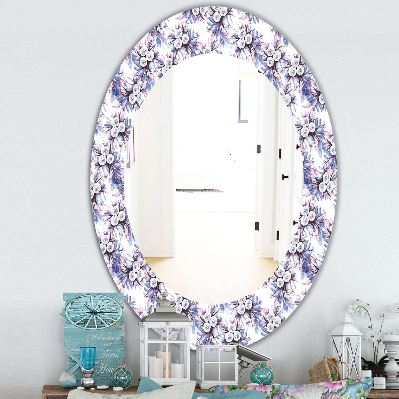 Purple Bloom 3 - Traditional Mirror - Frameless Oval or Round Bathroom Mirror