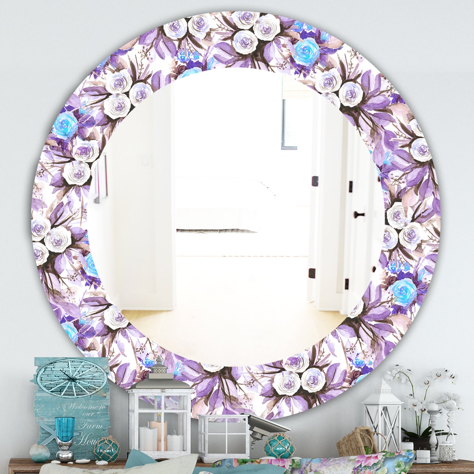 Purple Bloom 4 - Traditional Mirror - Frameless Oval or Round Wall Mirror