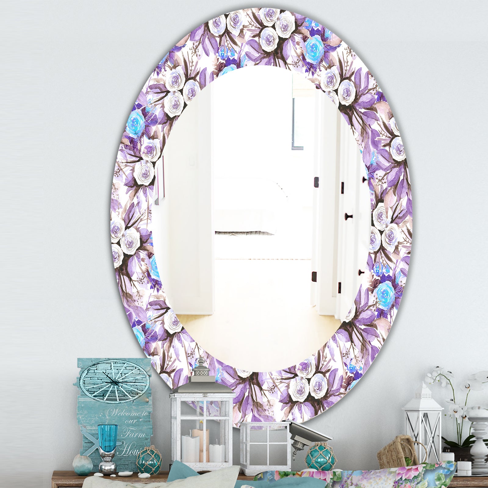 Purple Bloom 4 - Traditional Mirror - Frameless Oval or Round Wall Mirror