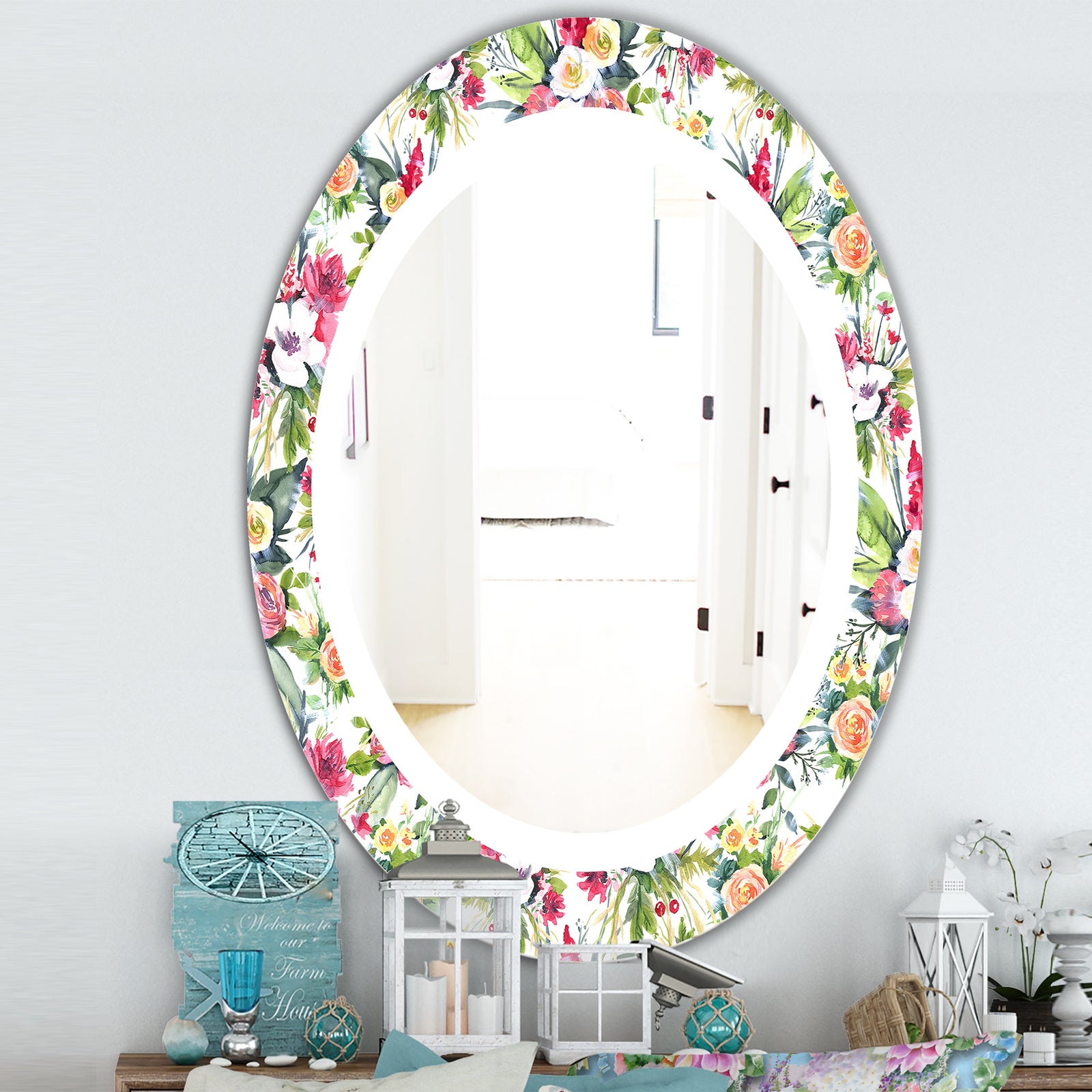 Green Flowers 7 - Traditional Mirror - Oval or Round Wall Mirror
