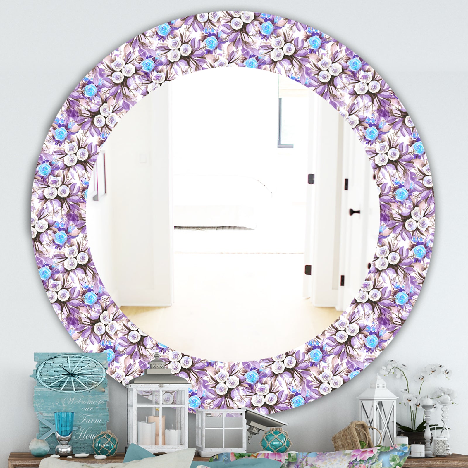 Purple Bloom 5 - Traditional Mirror - Frameless Oval or Round Wall Mirror