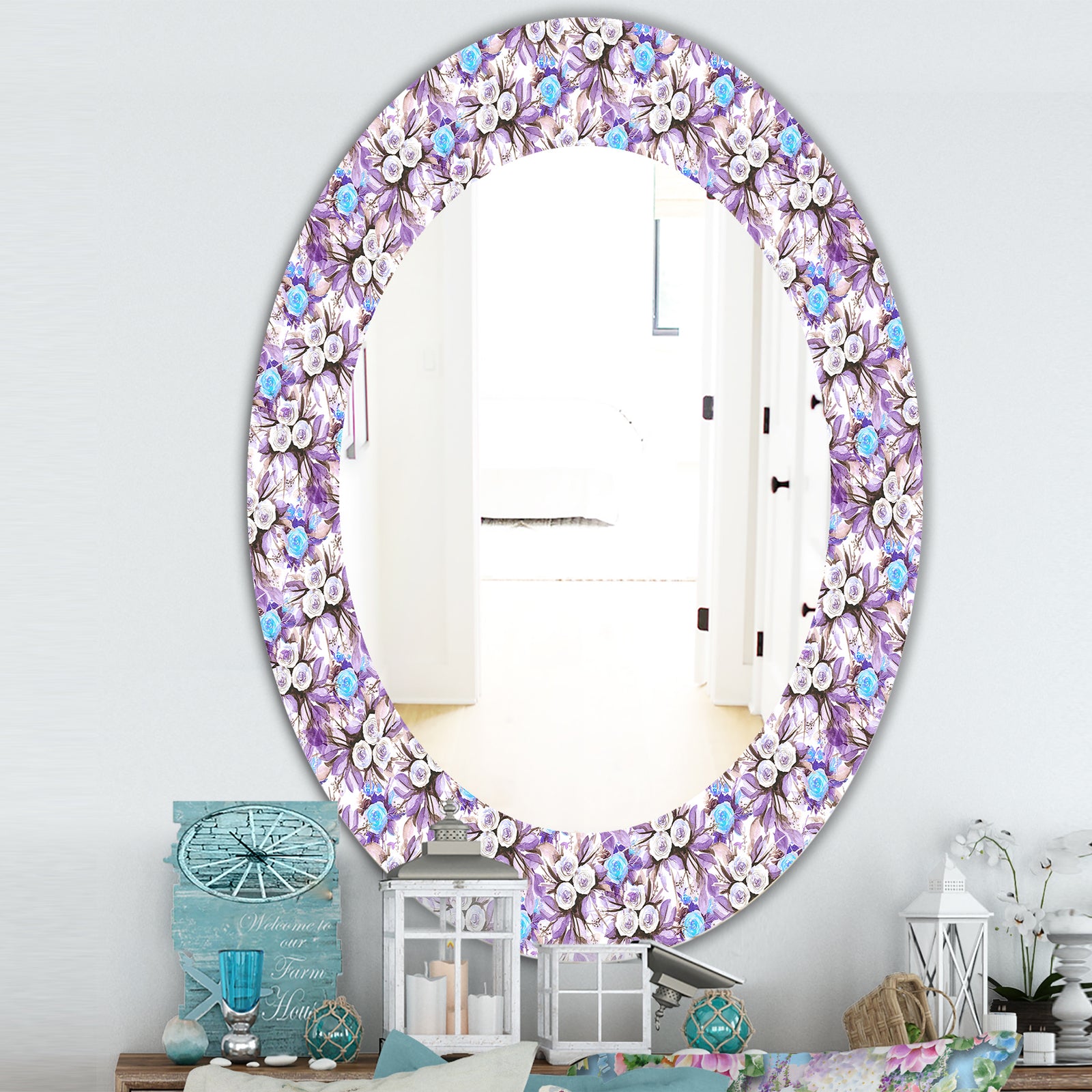 Purple Bloom 5 - Traditional Mirror - Frameless Oval or Round Wall Mirror