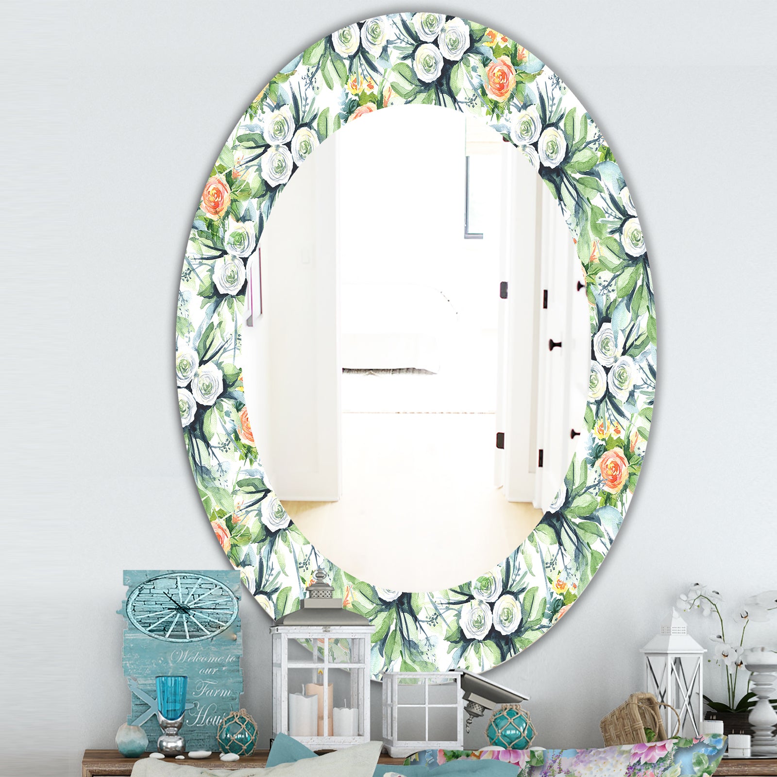 Green Flowers 8 - Traditional Mirror - Oval or Round Wall Mirror