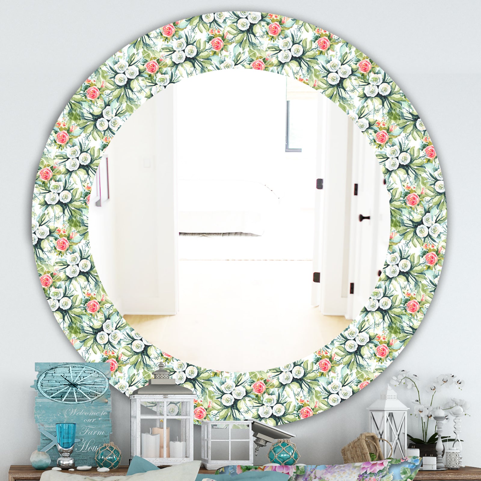 Green Flowers 10 - Traditional Mirror - Frameless Oval or Round Wall Mirror