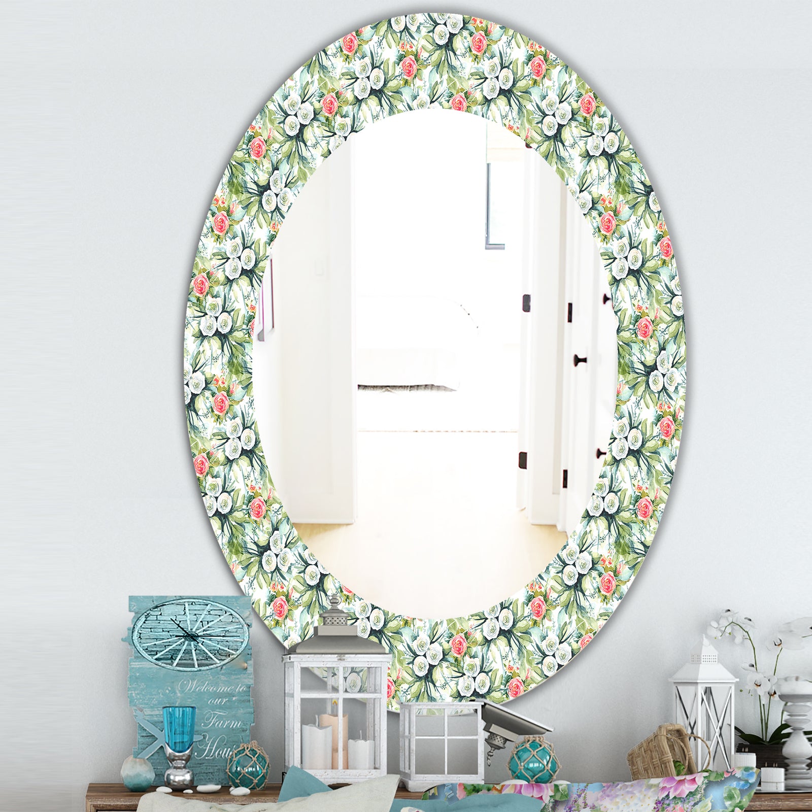 Green Flowers 10 - Traditional Mirror - Frameless Oval or Round Wall Mirror