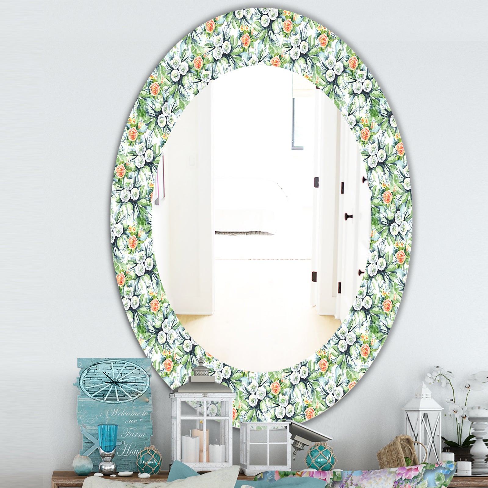 Green Flowers 11 - Traditional Mirror - Oval or Round Wall Mirror