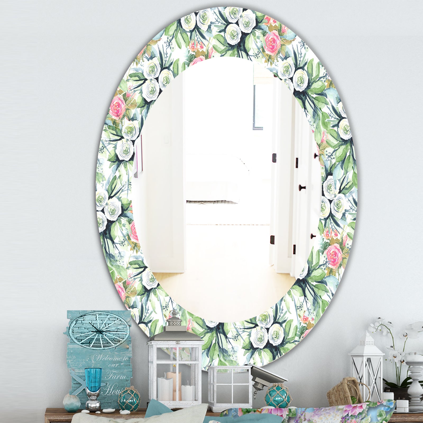 Green Flowers 12 - Traditional Mirror - Frameless Oval or Round Wall Mirror