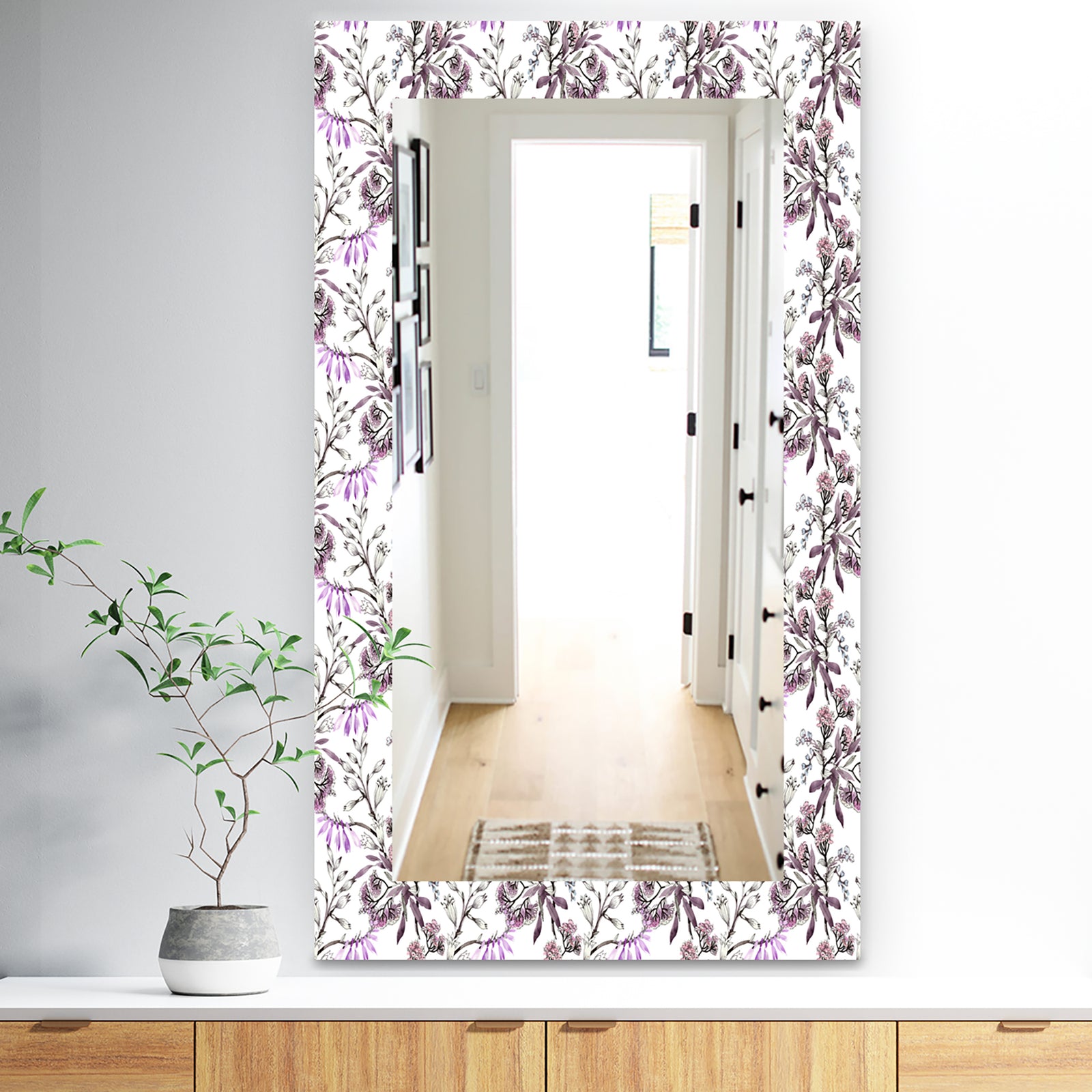 Hand Drawn Purple Flowers - Traditional Mirror - Vanity Mirror
