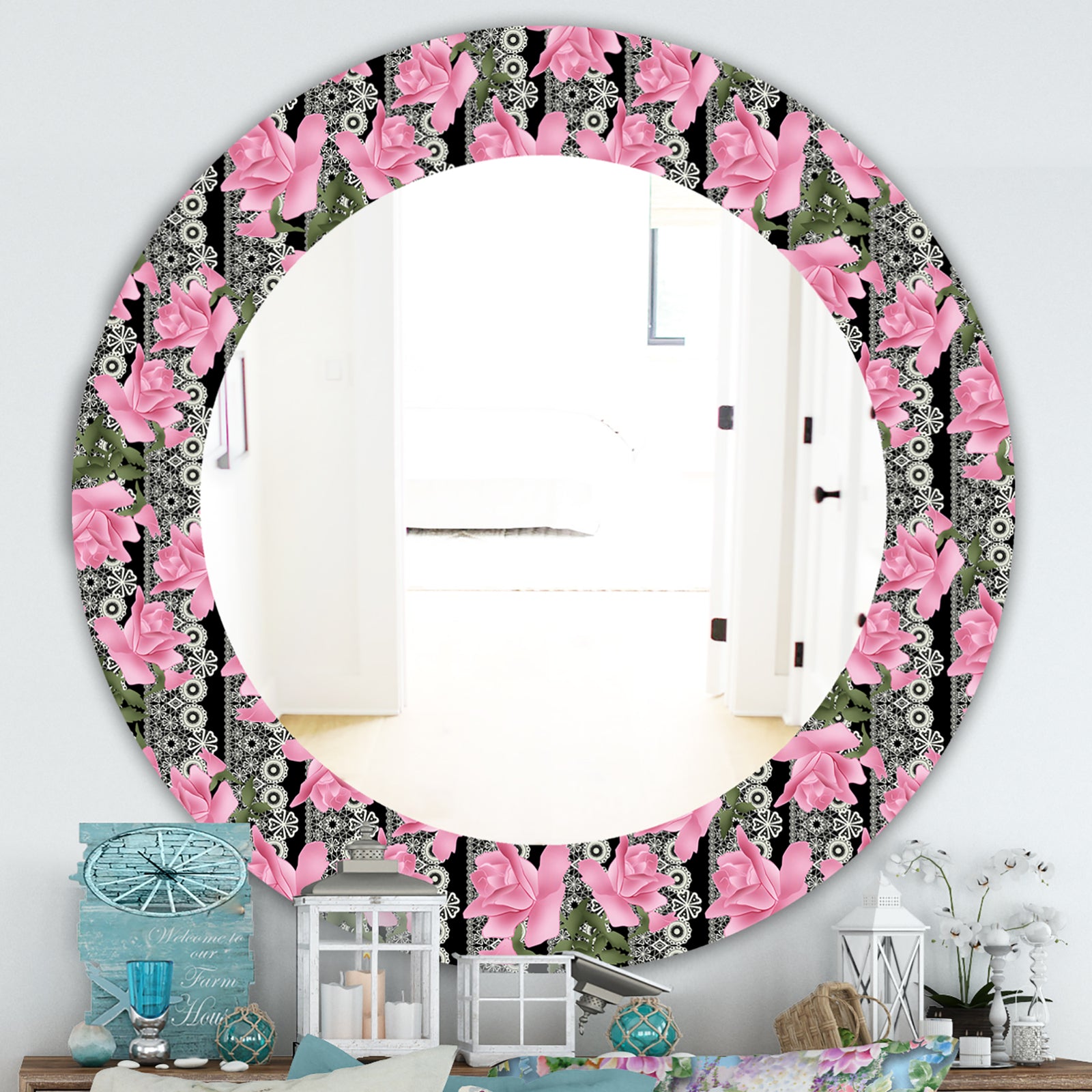 Pink Blossom 6 - Traditional Mirror - Frameless Oval or Round Wall Mirror