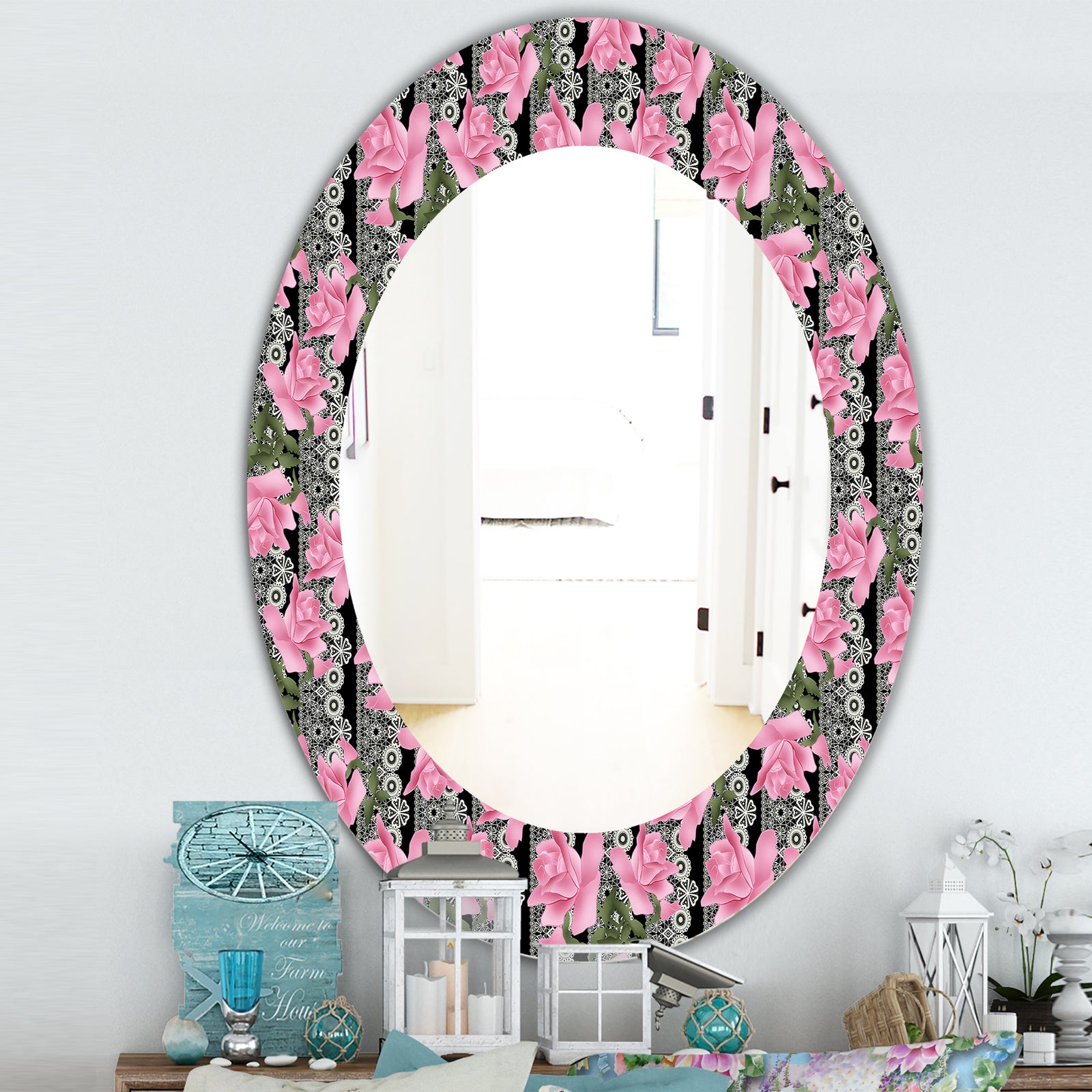 Pink Blossom 6 - Traditional Mirror - Frameless Oval or Round Wall Mirror