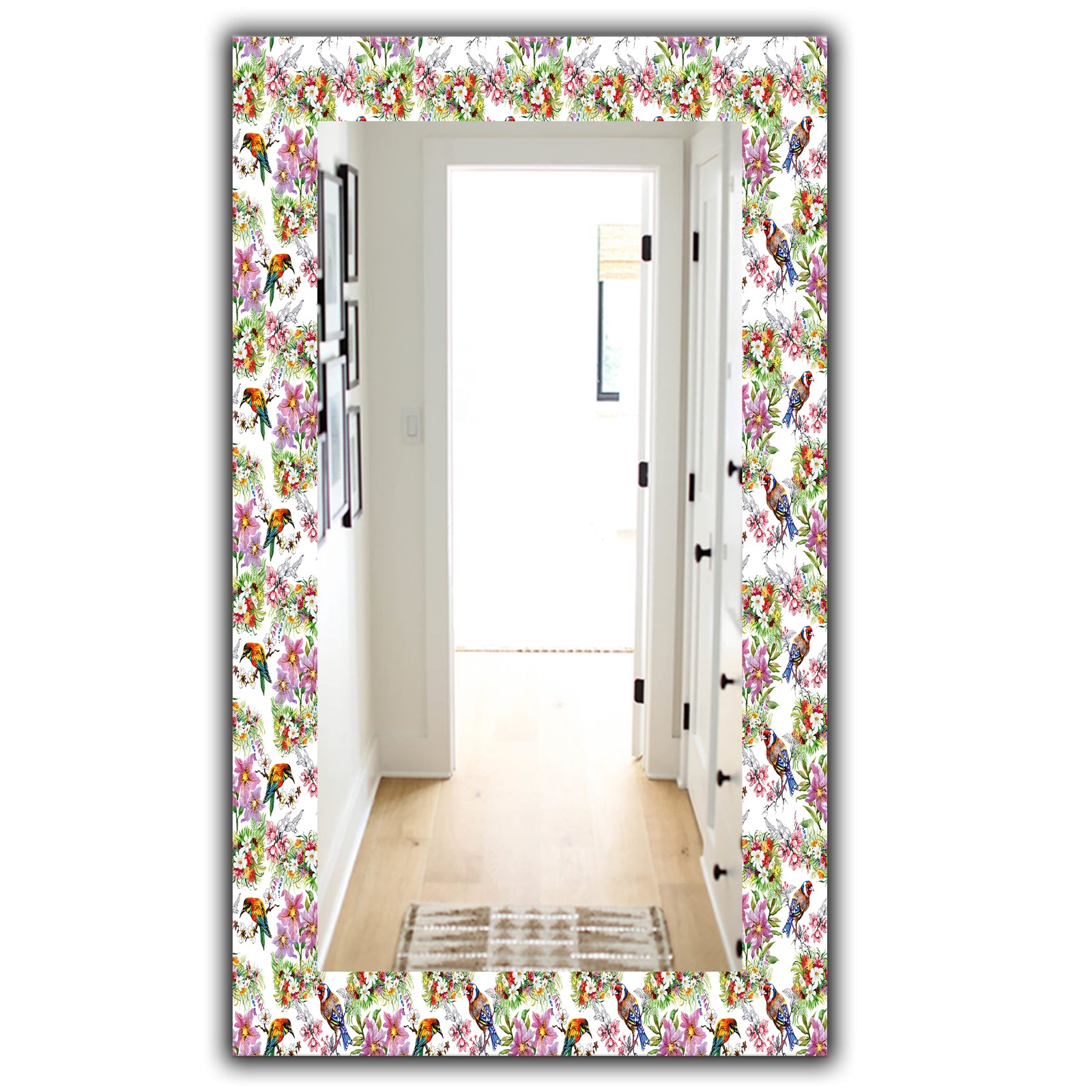 Pattern With Flowers and Birds - Traditional Mirror - Vanity Mirror