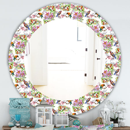 Pattern With Flowers and Birds - Traditional Mirror - Oval or Round Wall Mirror