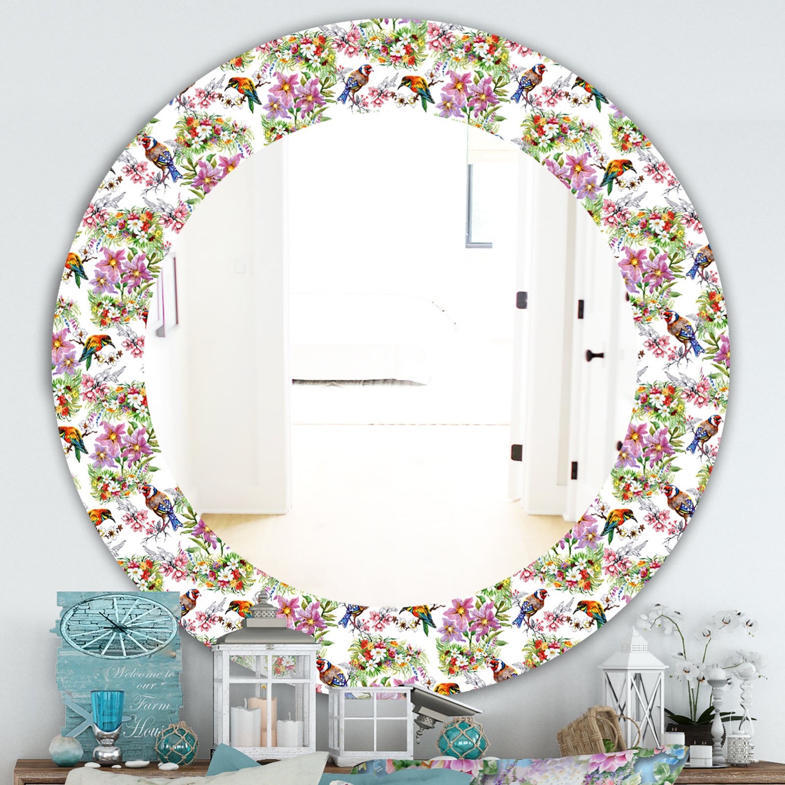 Pattern With Flowers and Birds - Traditional Mirror - Oval or Round Wall Mirror
