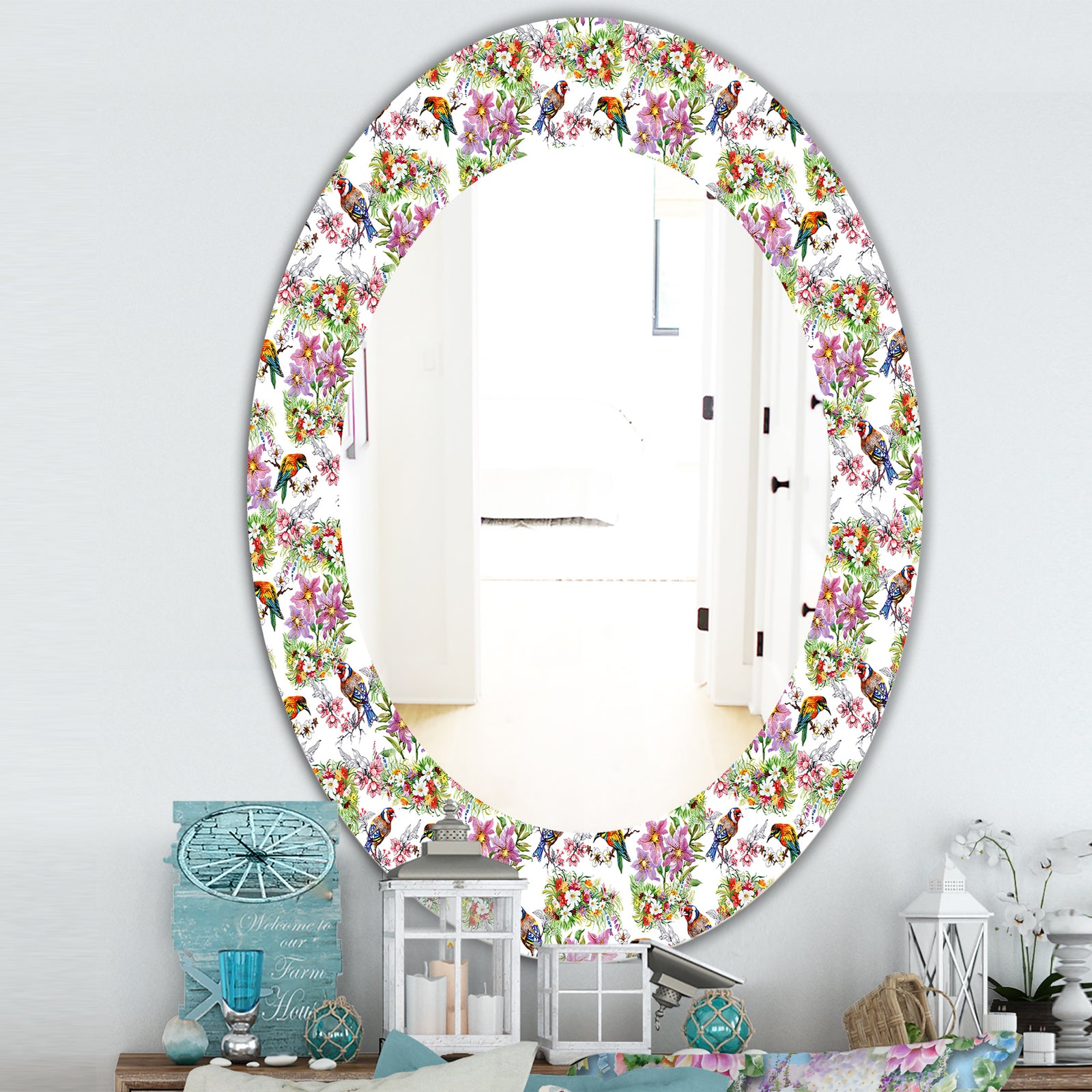 Pattern With Flowers and Birds - Traditional Mirror - Oval or Round Wall Mirror