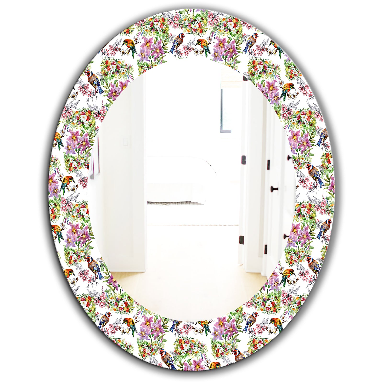Pattern With Flowers and Birds - Traditional Mirror - Oval or Round Wall Mirror