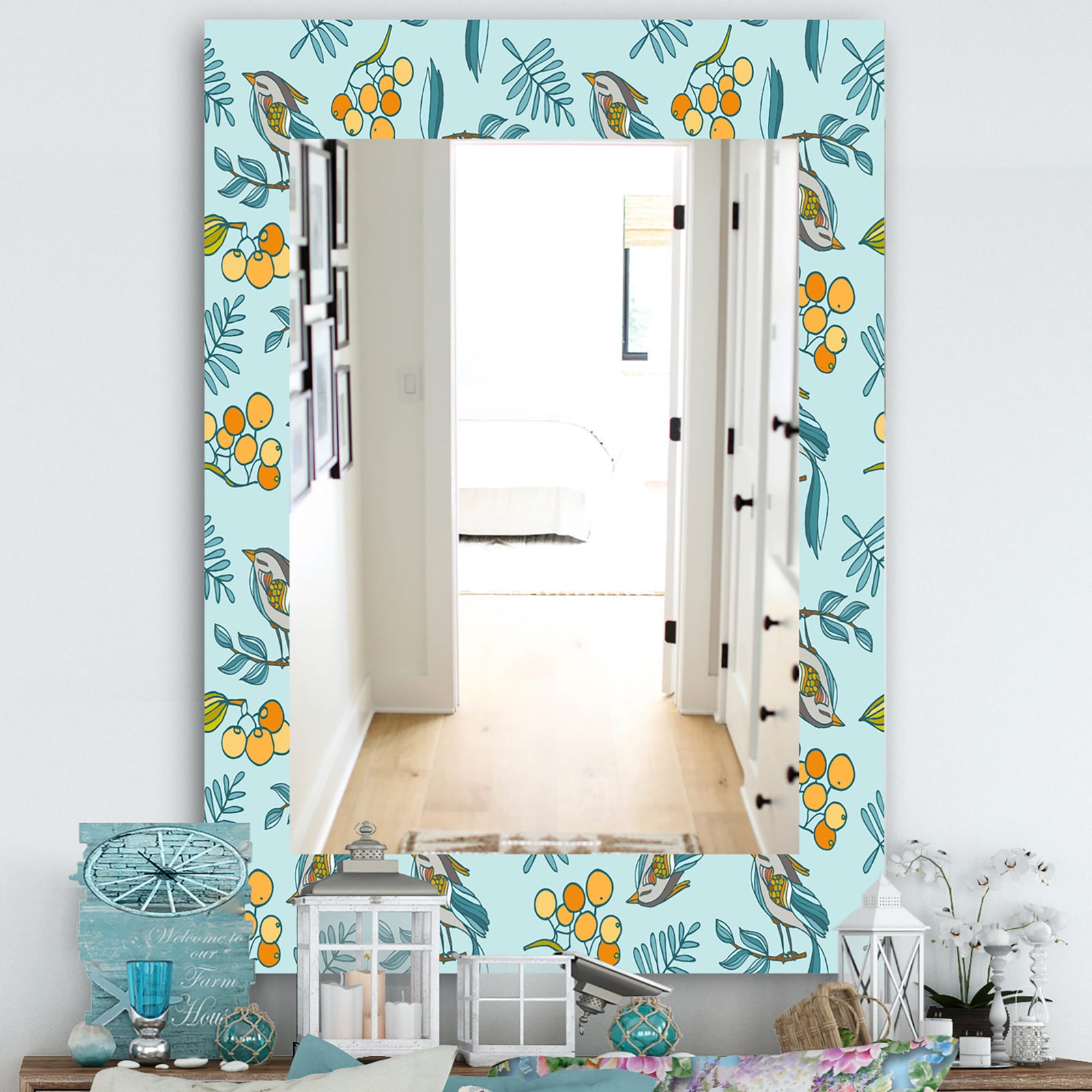 Decorative With Birds, Berries - Farmhouse Mirror - Wall Mirror