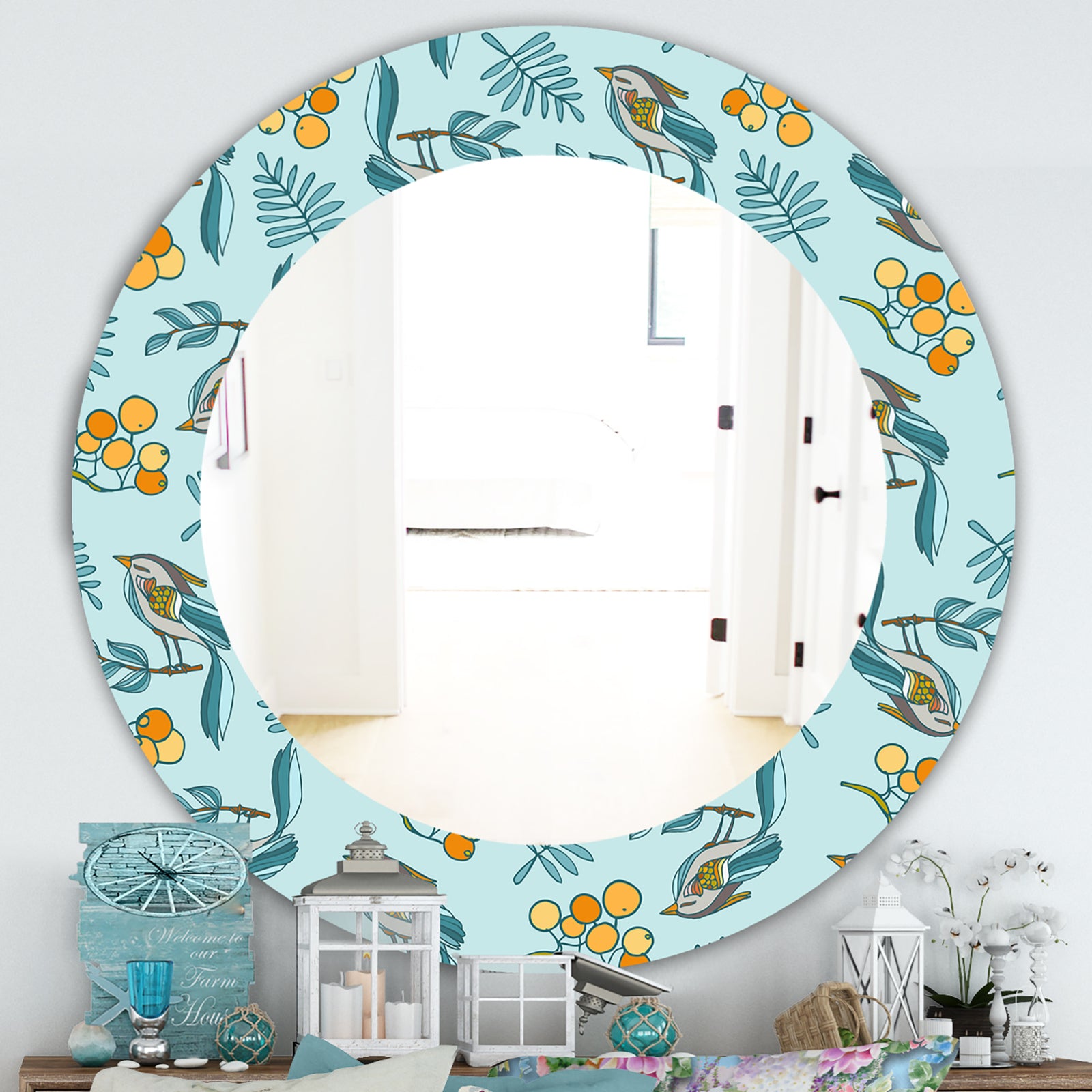 Decorative With Birds, Berries - Farmhouse Mirror - Oval or Round Wall Mirror