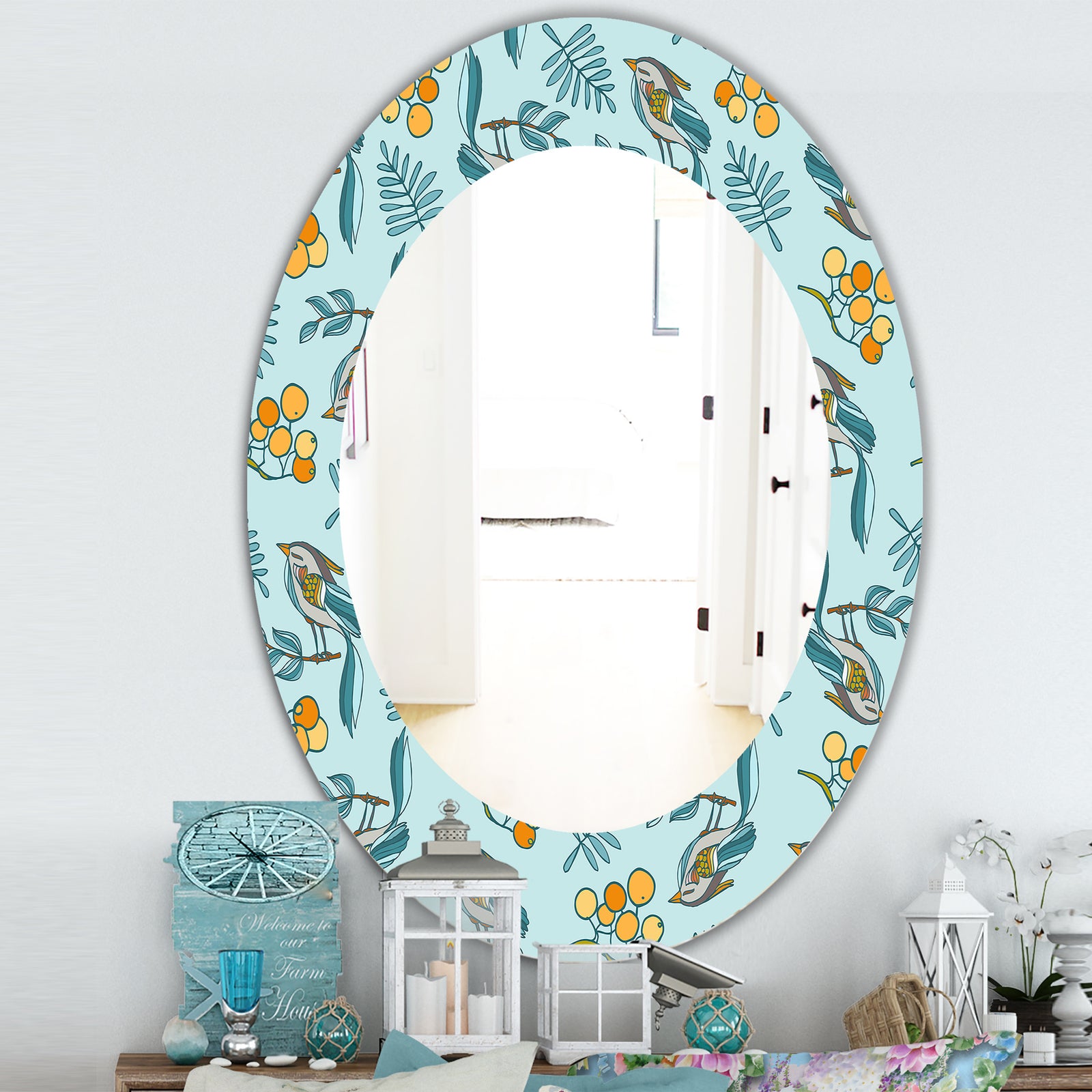 Decorative With Birds, Berries - Farmhouse Mirror - Oval or Round Wall Mirror