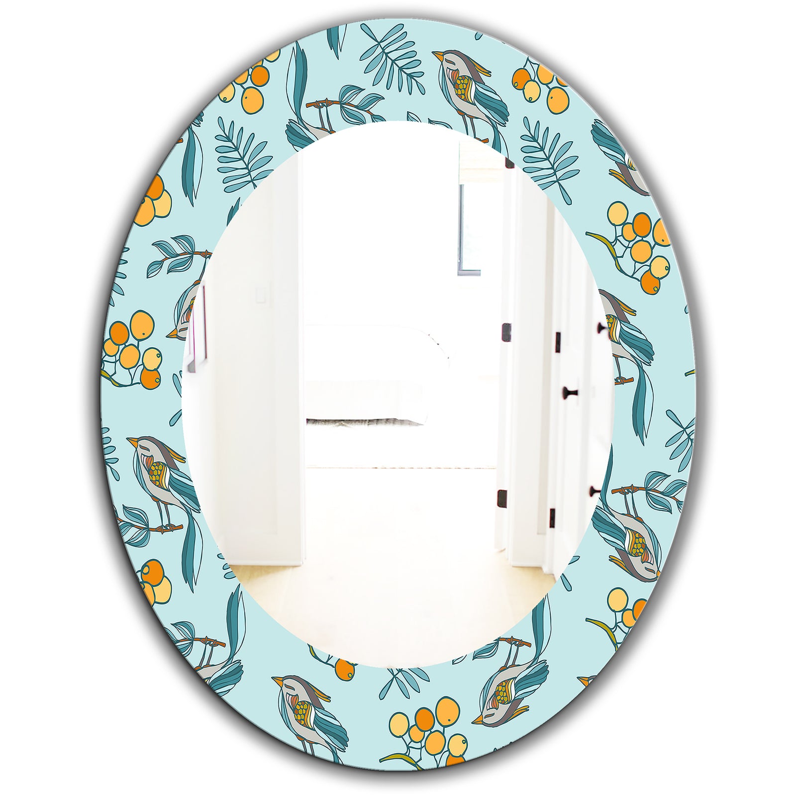 Decorative With Birds, Berries - Farmhouse Mirror - Oval or Round Wall Mirror