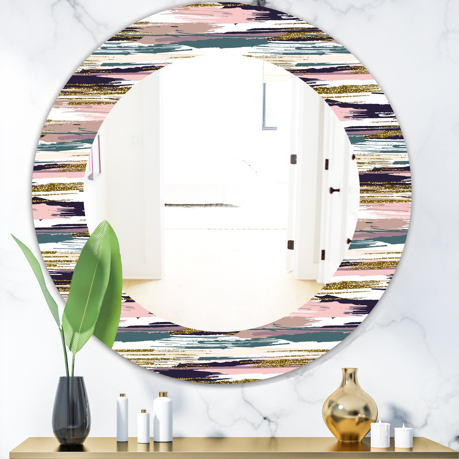 Gold Glitter Textured Brush Strokes and Stripes - Modern Mirror - Oval or Round Wall Mirror