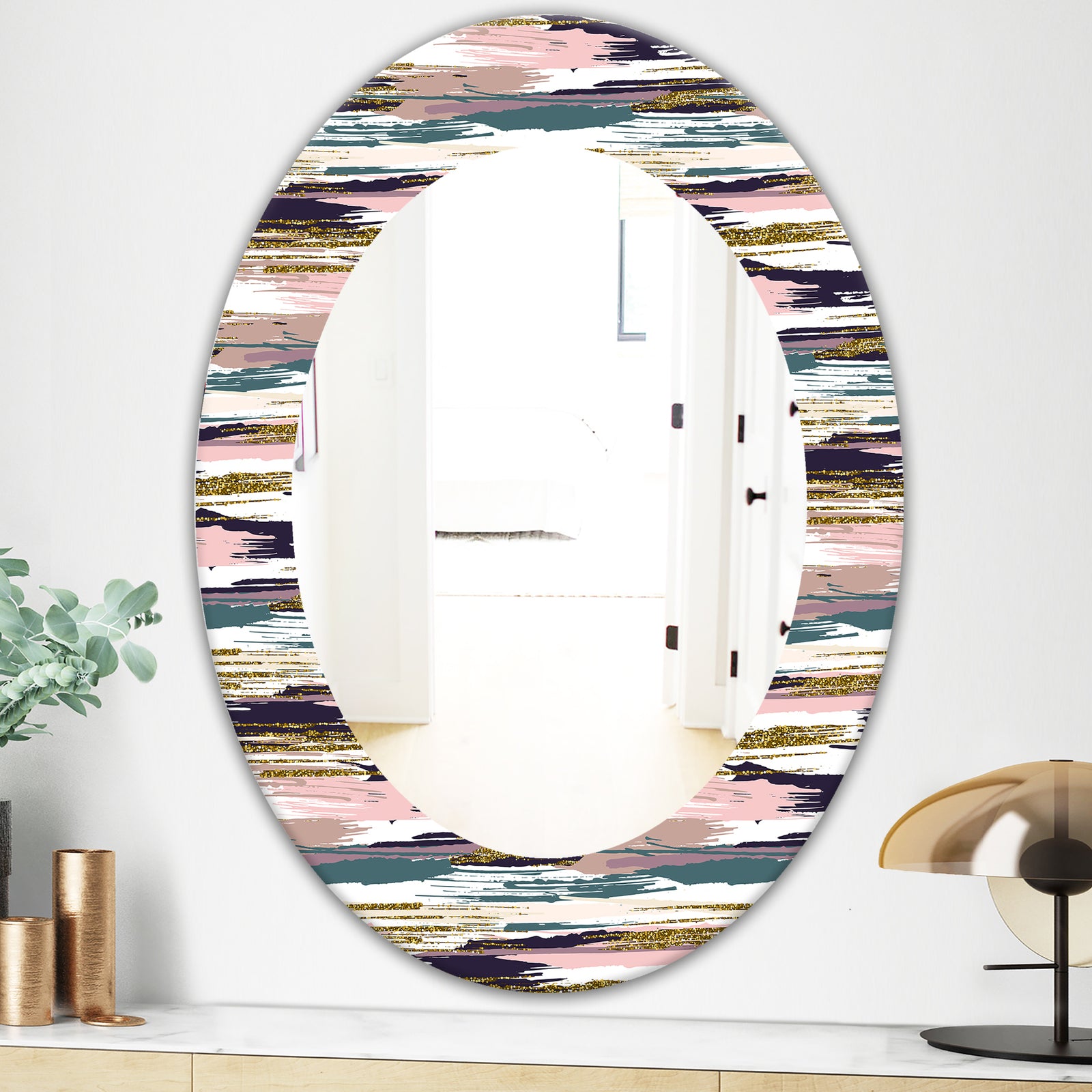 Gold Glitter Textured Brush Strokes and Stripes - Modern Mirror - Oval or Round Wall Mirror