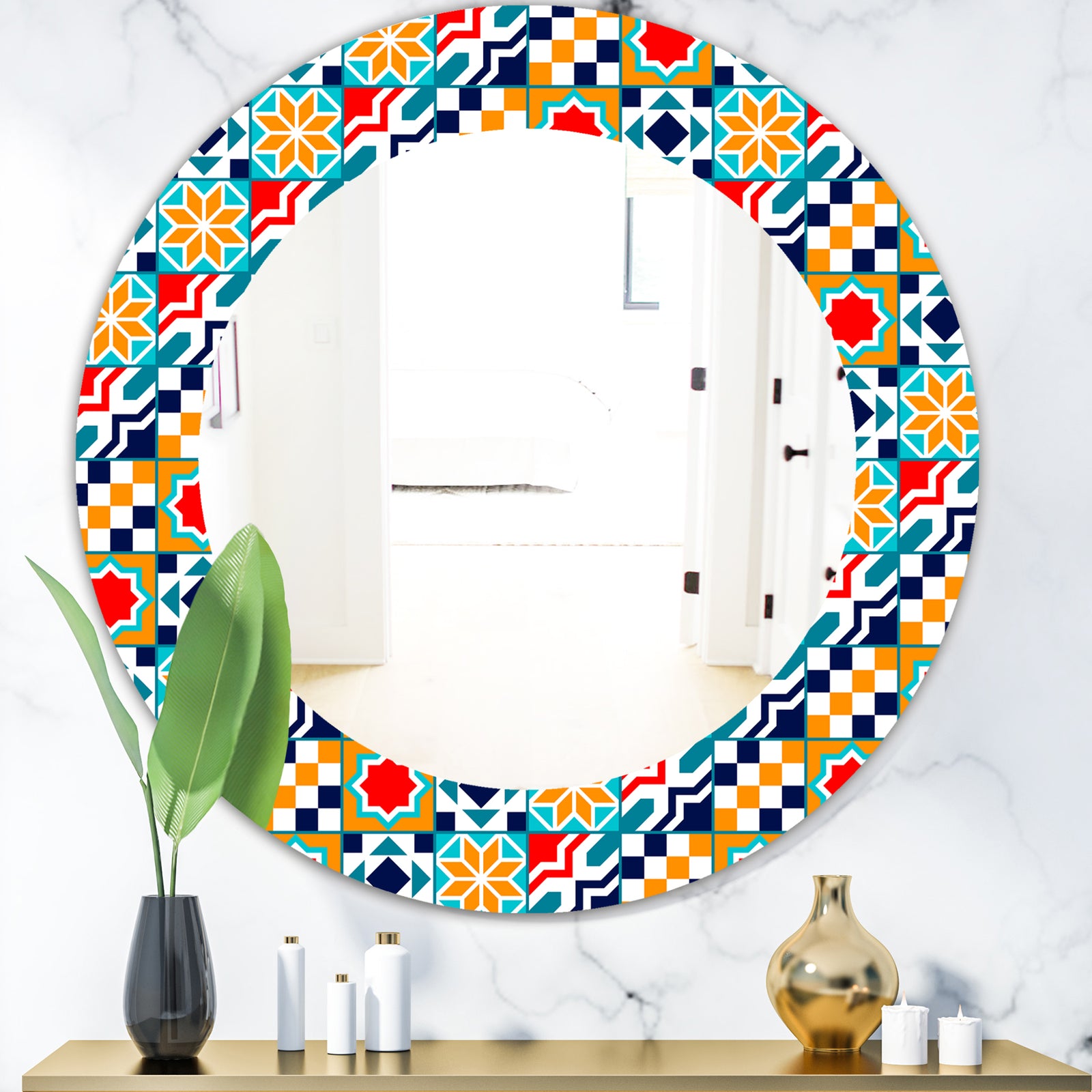 Colorful Geometric Tiles Pattern - Modern Mirror - Frameless Oval or Round Wall Mirror