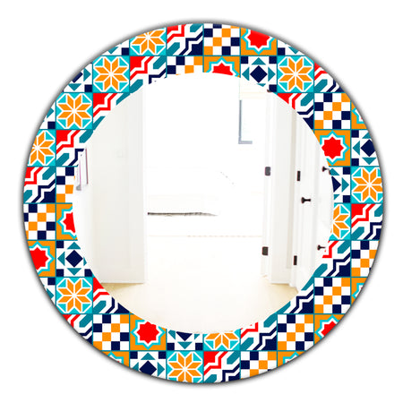 Colorful Geometric Tiles Pattern - Modern Mirror - Frameless Oval or Round Wall Mirror